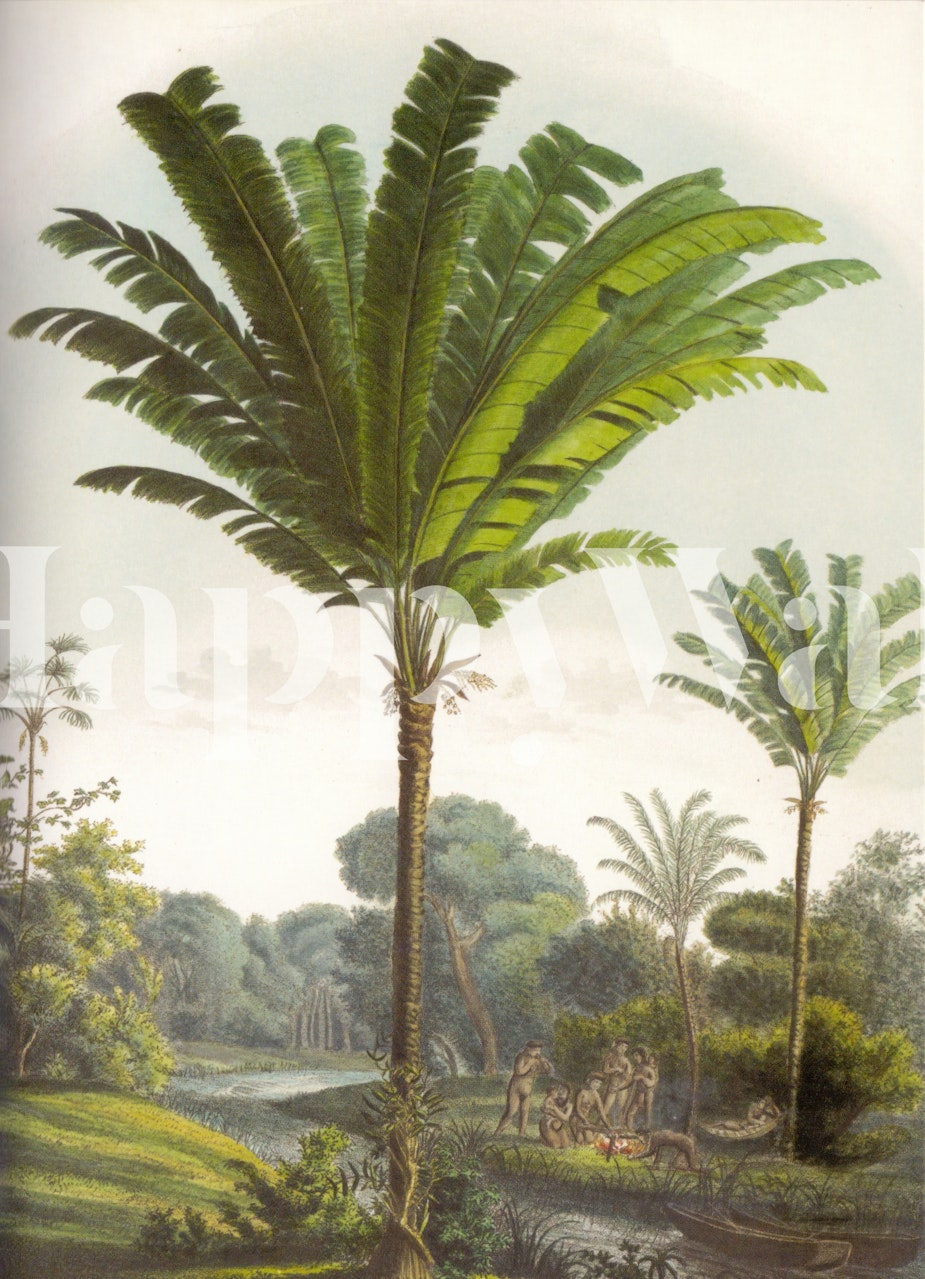 Zidna slika tropskog pejzaža u starinskom stilu s bujnim zelenilom i vintage umjetničkim štihom.