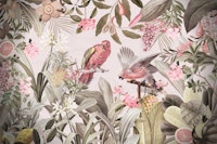 Colorful Parrots In Flower And Fruit Tropical Jungle tapety