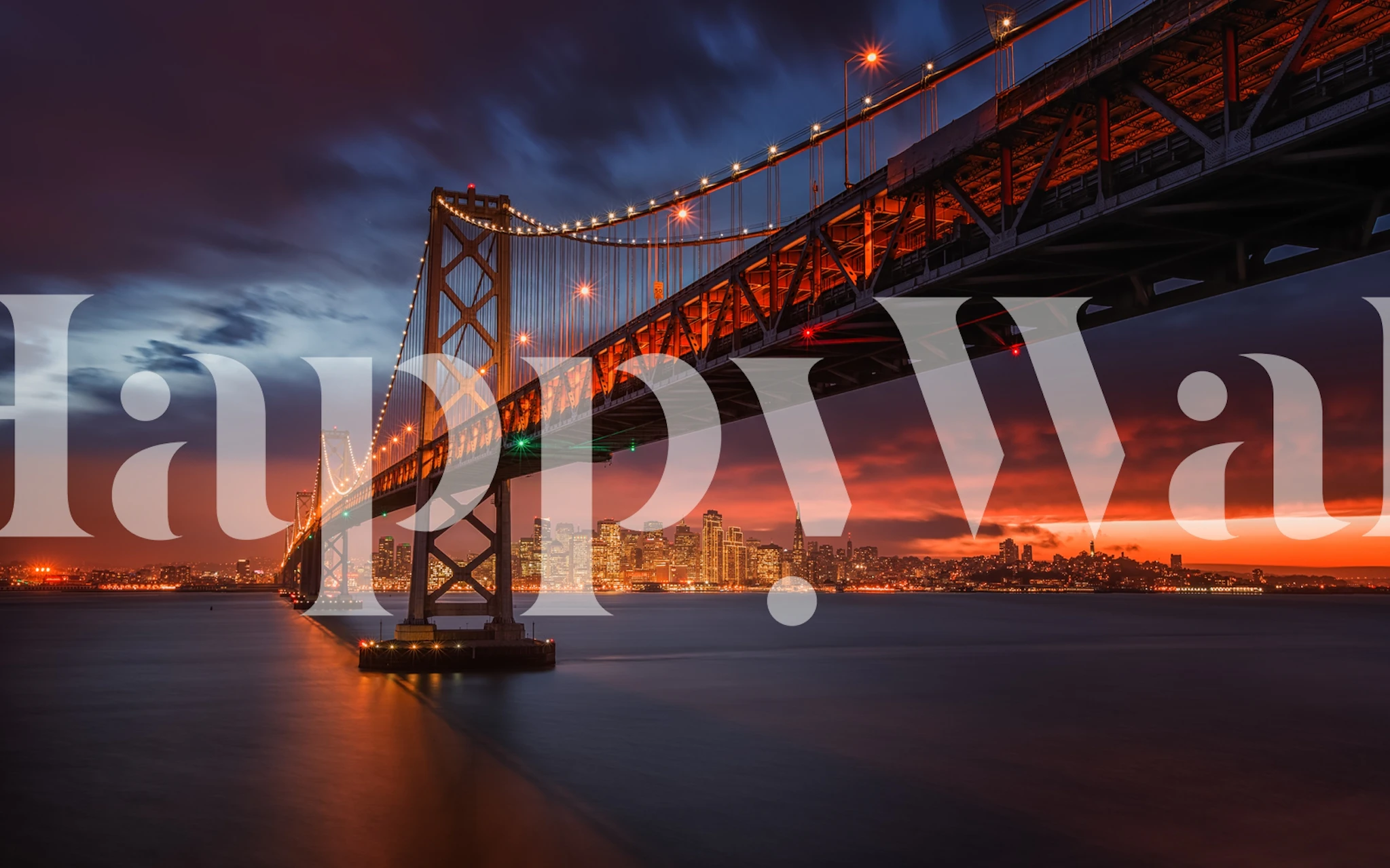San Francisco skyline at sunset featuring a bridge in fiery orange and blue tones wallpaper