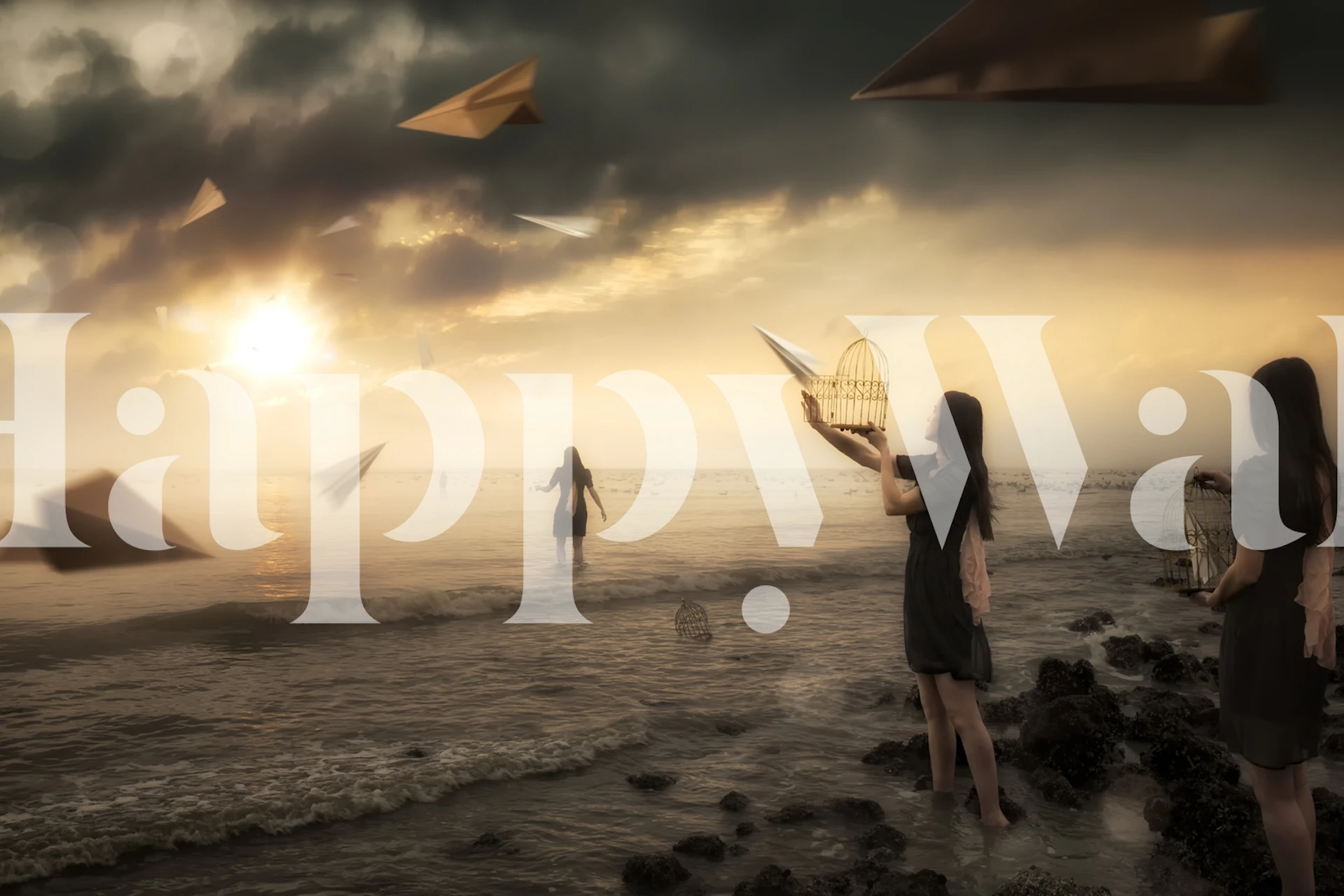 Wallpaper design with paper airplanes at sunset
