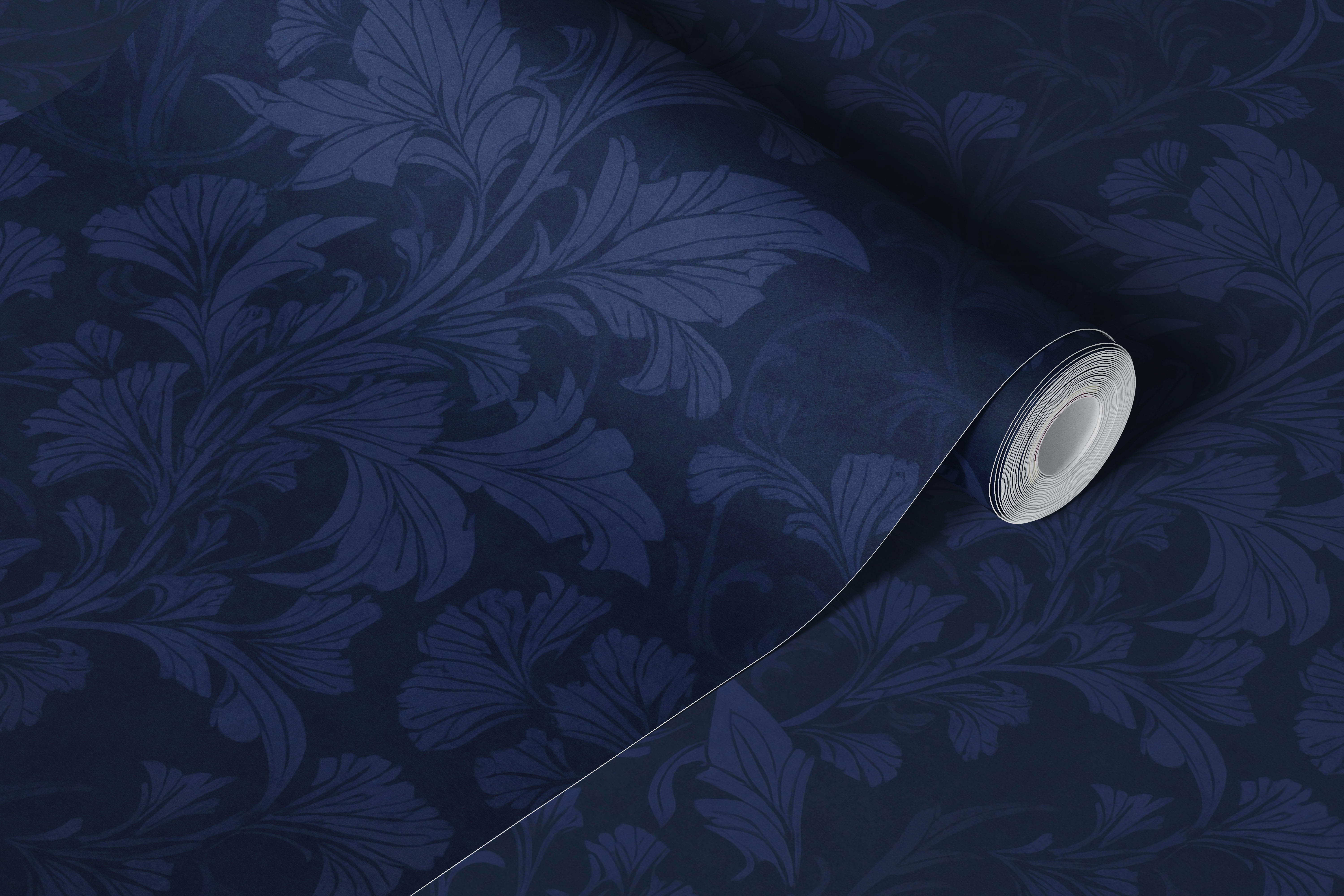 Midnight blue damask wallpaper in a room