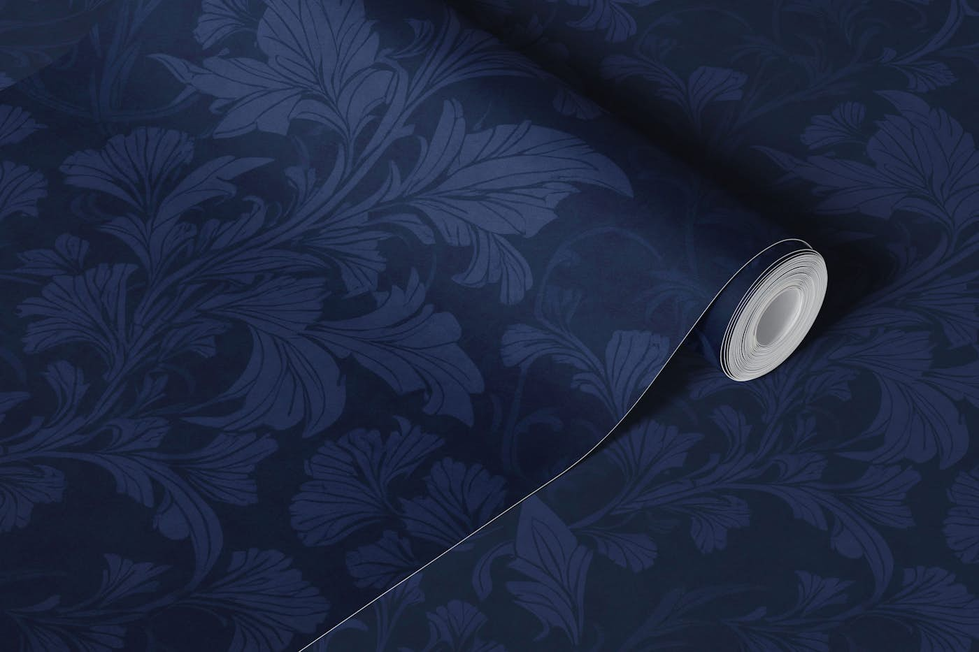 William Morris Style Monochrome Flourish Damask Pattern Midnight Blue wallpaper roll