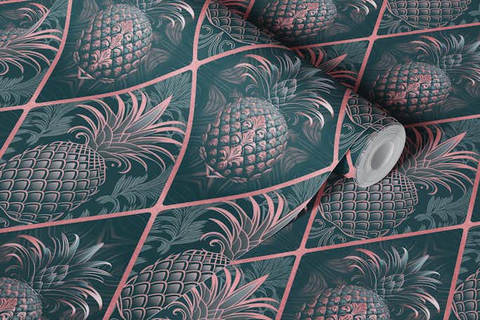 Exquisite Art Deco Design With Pineapple Ornament Teal Pinkwallpaper roll
