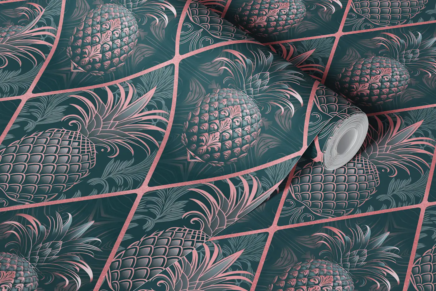 Exquisite Art Deco Pineapple Design Teal Pink wallpaper roll