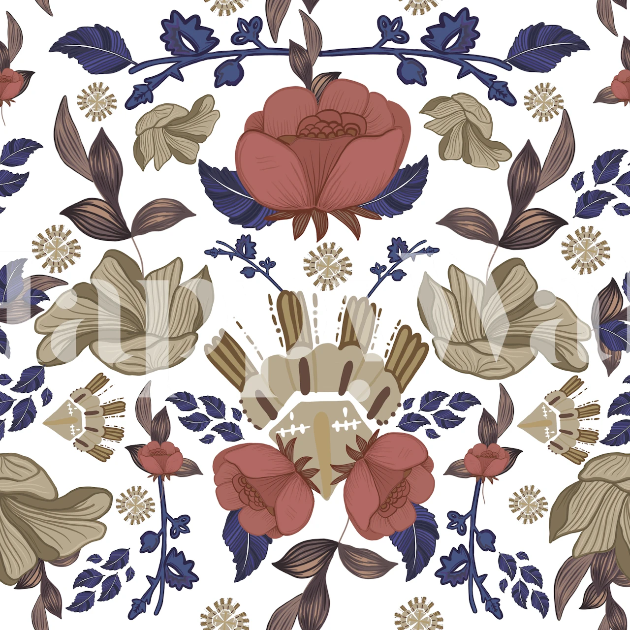 Romantic Regency style floral baroque pattern wall mural with roses and vintage elements.