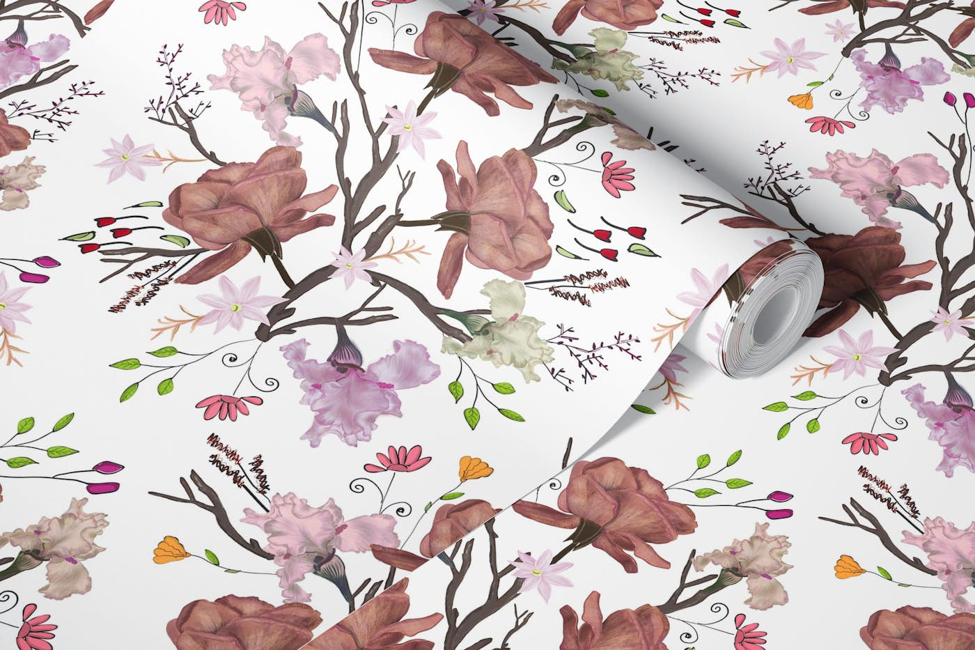 Floral Flourish Pattern With Roses and Iris Flower wallpaper roll