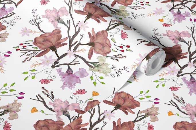 Floral Flourish Pattern With Roses and Iris Flowerwallpaper roll