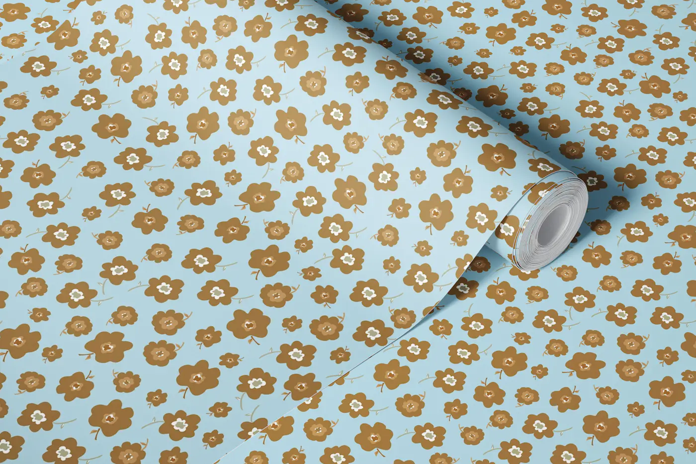 Vintage Brown Daisies on Blue wallpaper roll