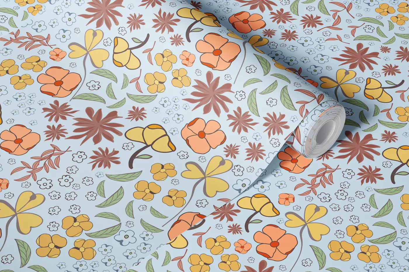 Retro Floral Doodles Blue wallpaper roll