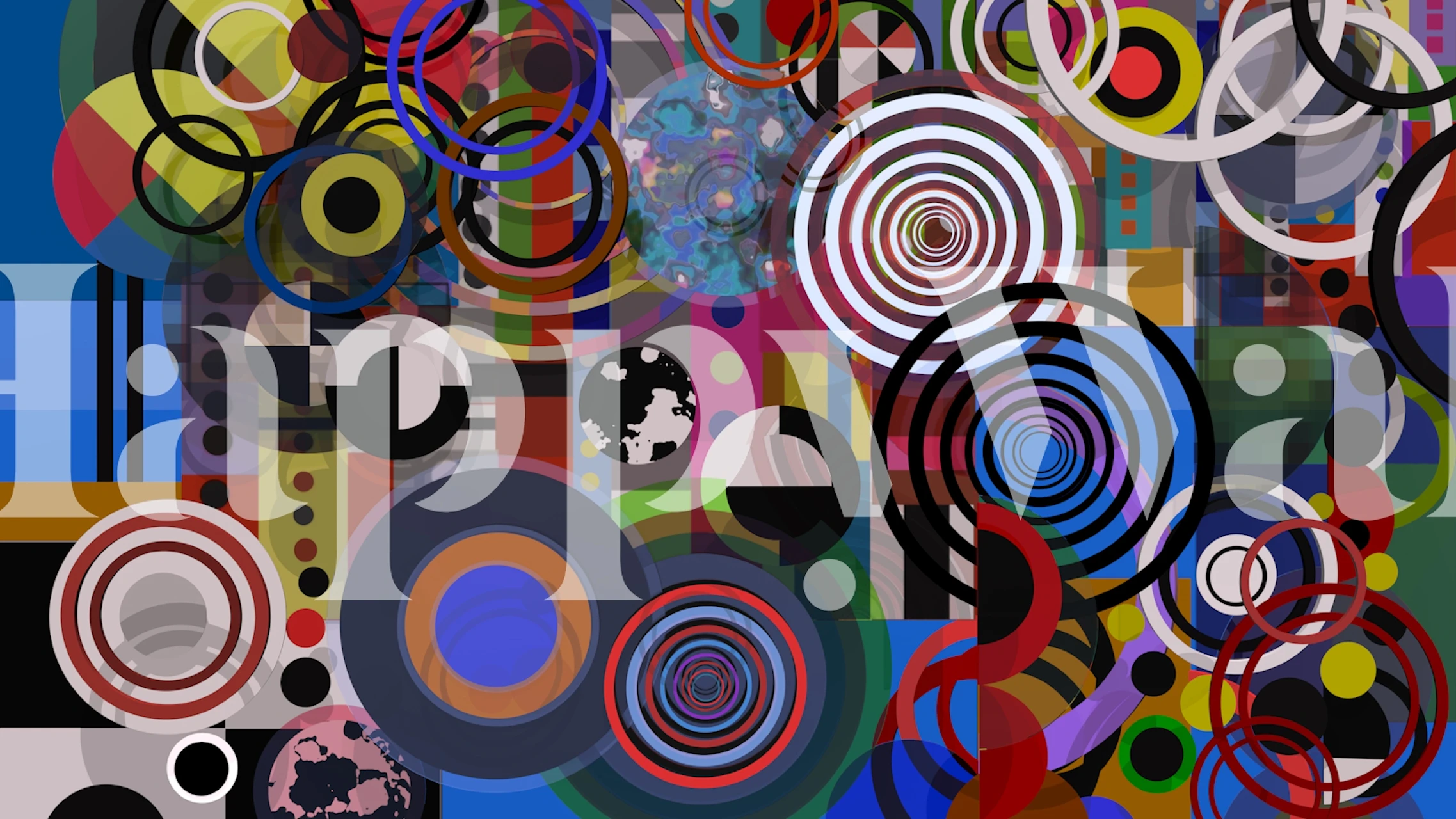 Colorful geometric circle pattern wallpaper featuring red, blue, and yellow.