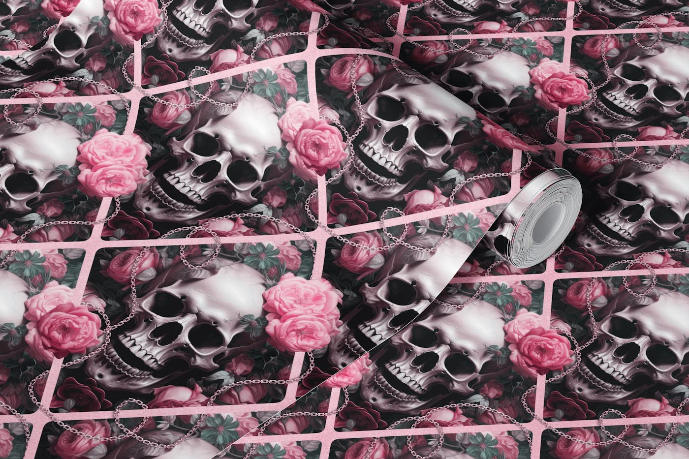 Skulls And Roses Gothic Romance Elegance Pattern Pink wallpaper roll