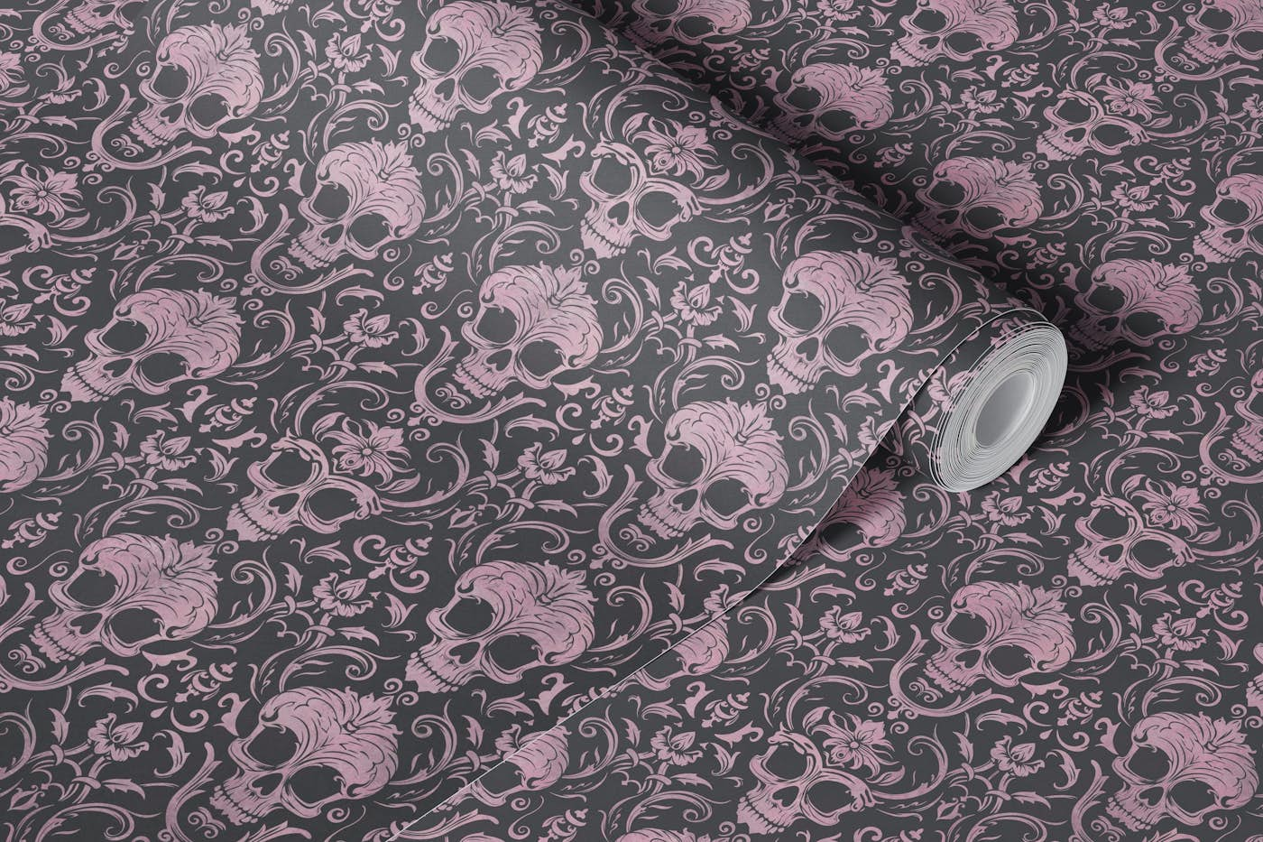 Dark Gothic Elegance Skull Damask Pattern Pastel Pink wallpaper roll