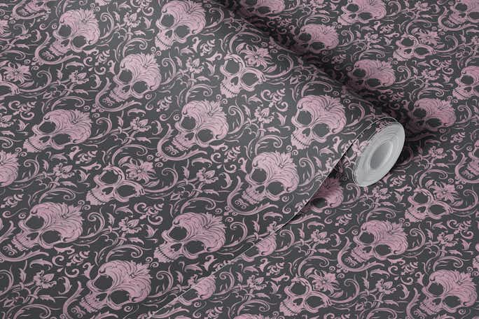 Dark Gothic Elegance Skull Damask Pattern Pastel Pinkwallpaper roll