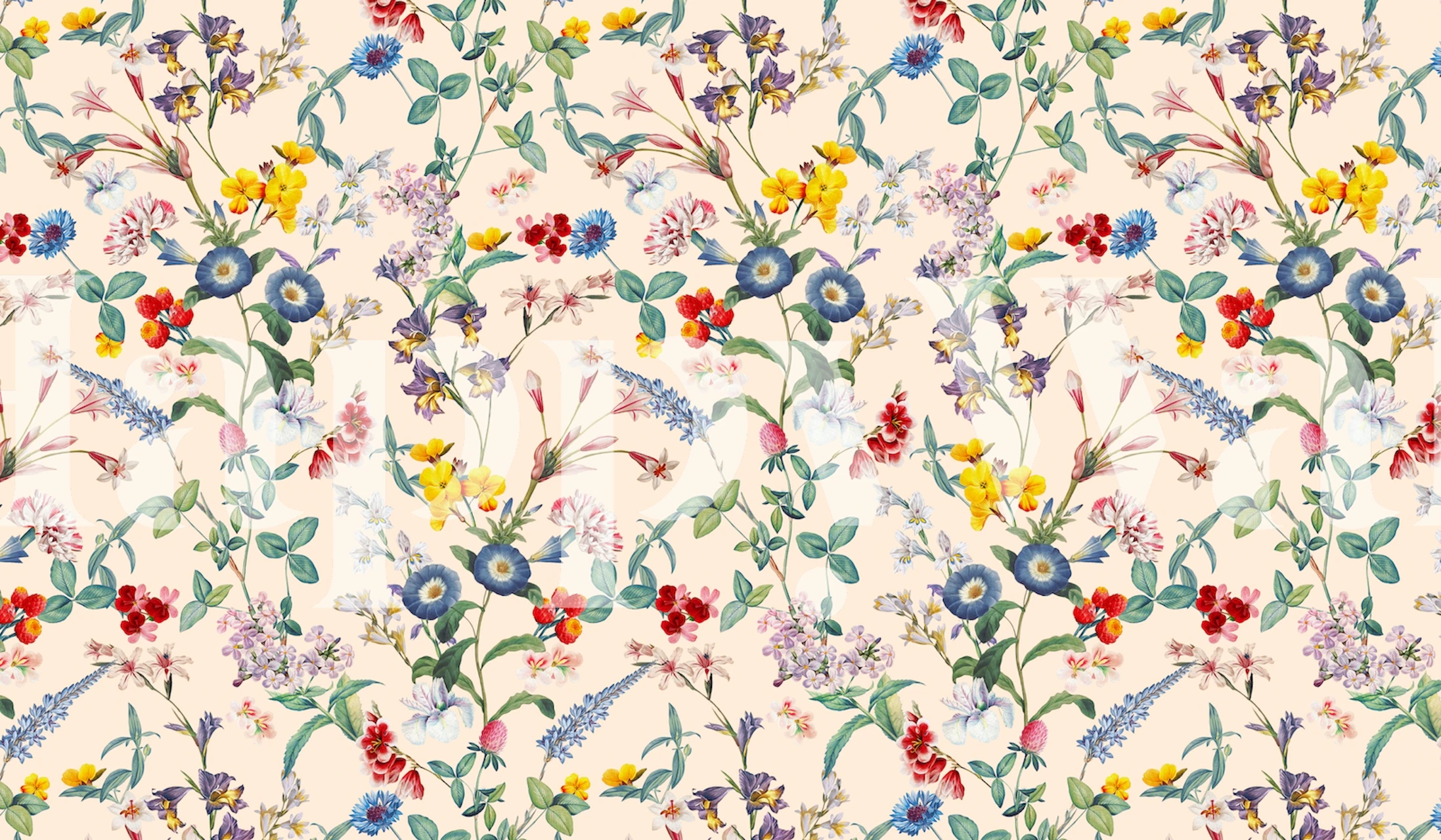 Värikäs luonnonkukka- ja perhoskuvioinen seinämaalaus