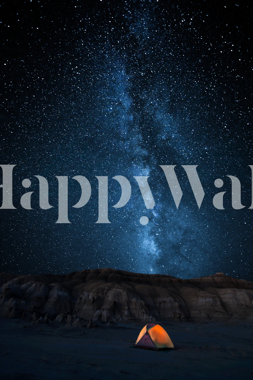 Stjerneklar nattehimmel med Mælkevejen over et telt i et roligt vægmaleri på campingscene