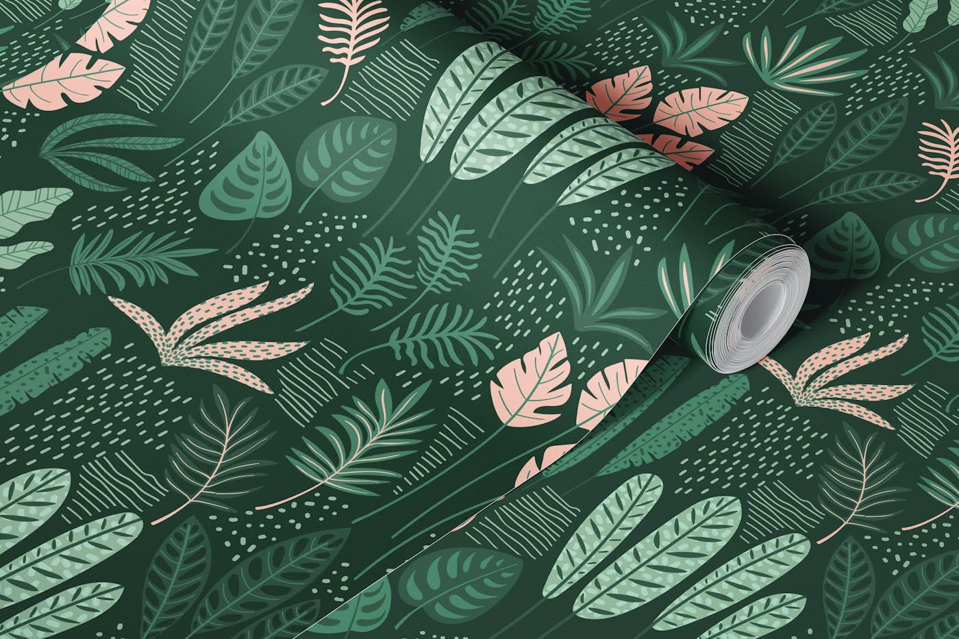 Green and pink tropical leaves wallpaper roll