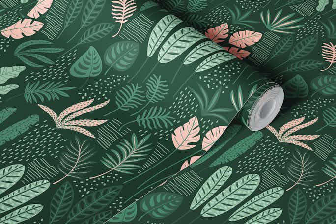 Green and pink tropical leaveswallpaper roll