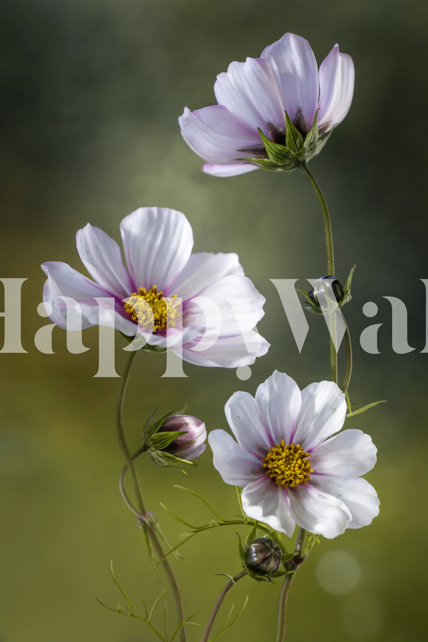 White and lilac cosmos flowers wallpaper with a soft green background