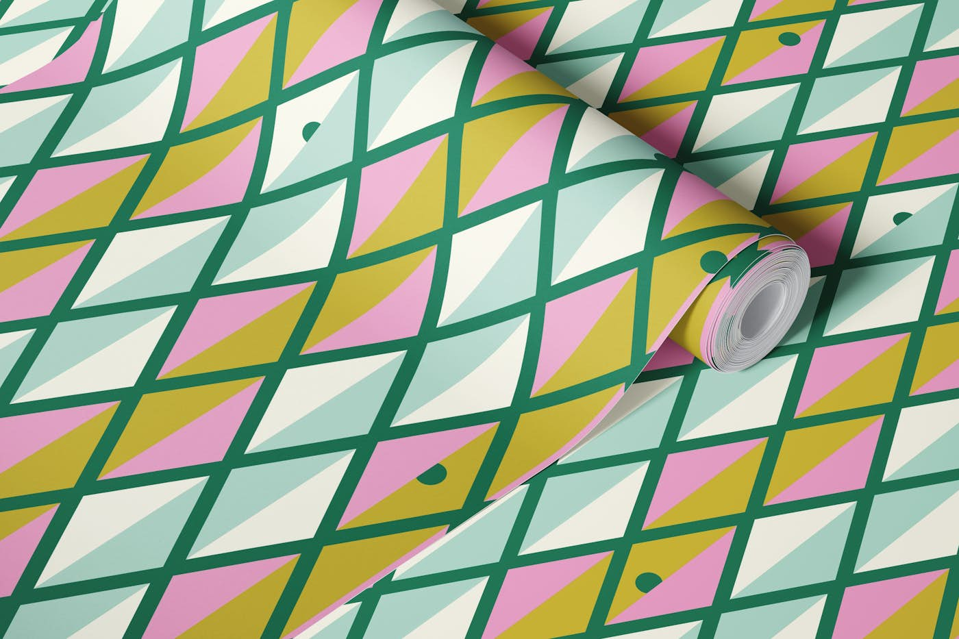 Happy retro Harlequin spring green, mint, pink wallpaper roll