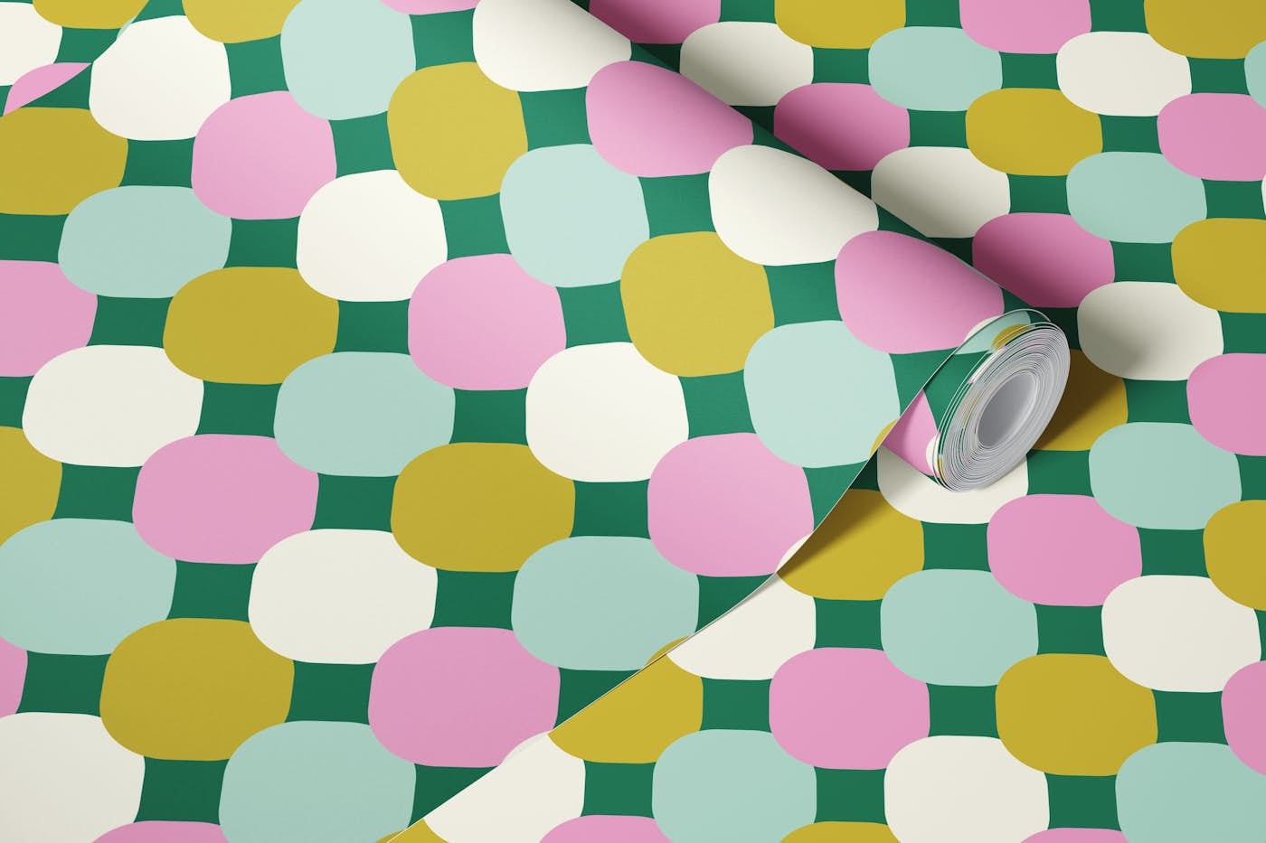 Happy retro Tiles spring green, mint, pink wallpaper roll