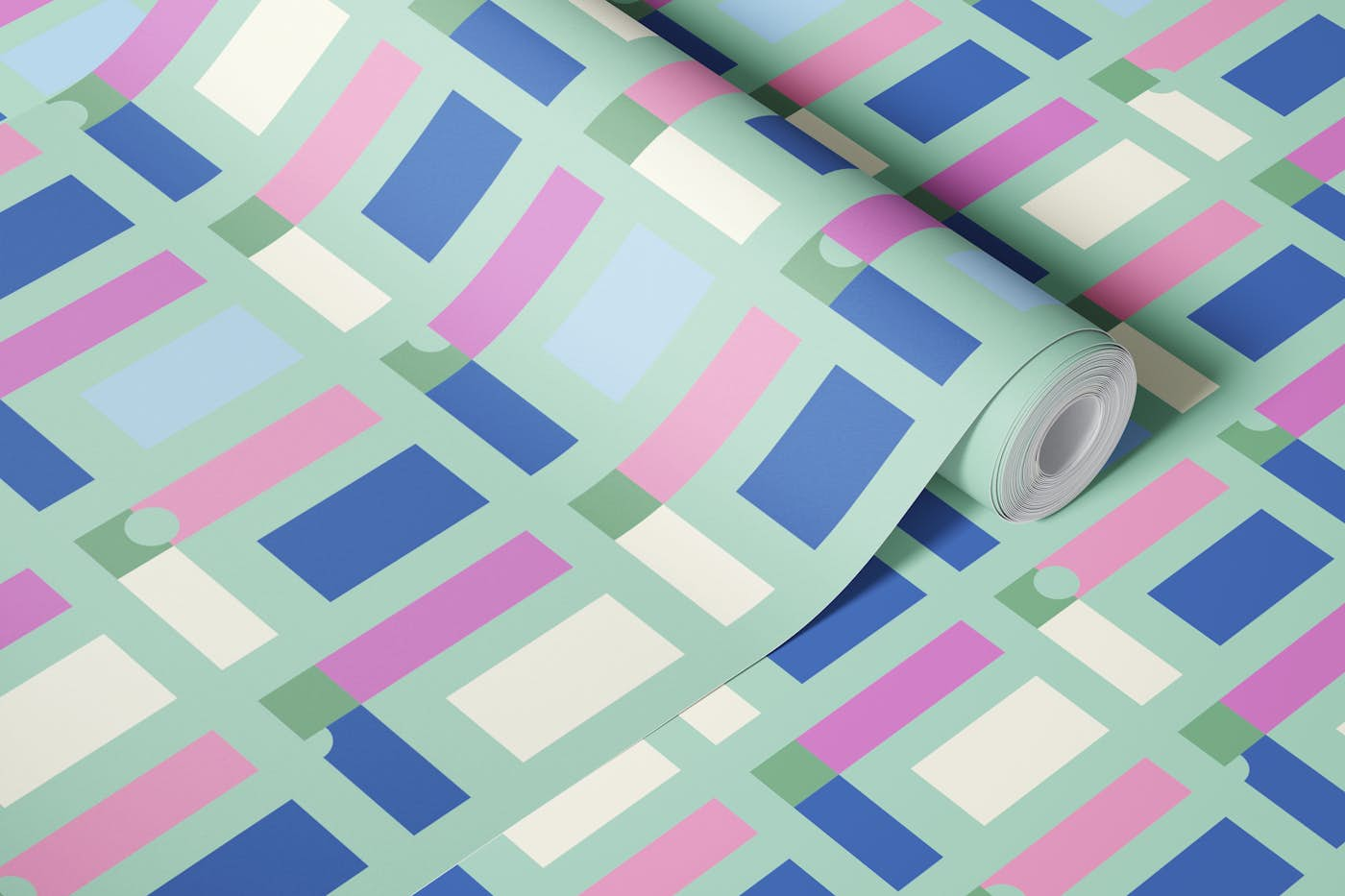 Happy retro checks pastel mint, blue, pink wallpaper roll