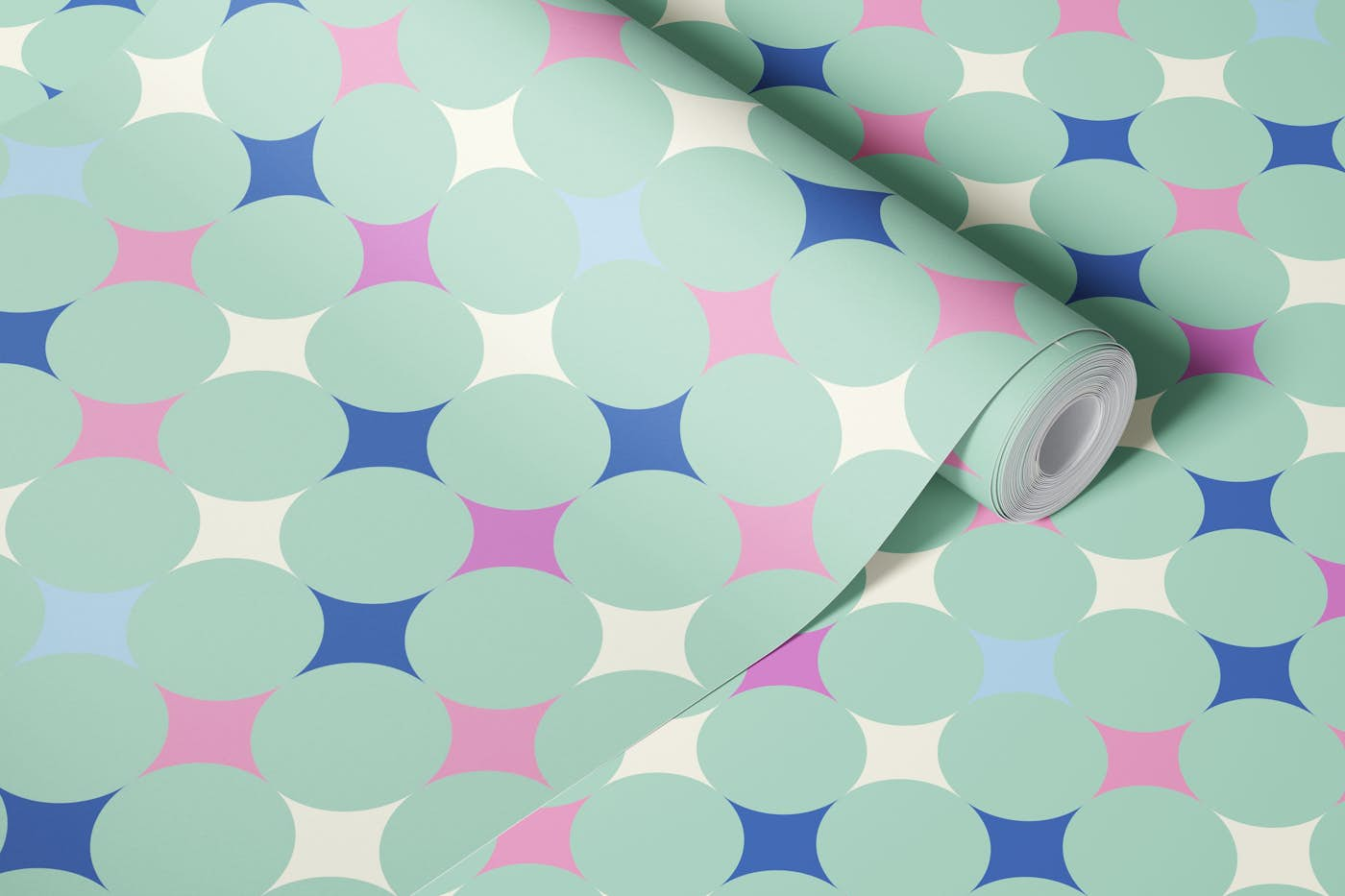 Happy retro diamonds pastel mint, blue, pink wallpaper roll