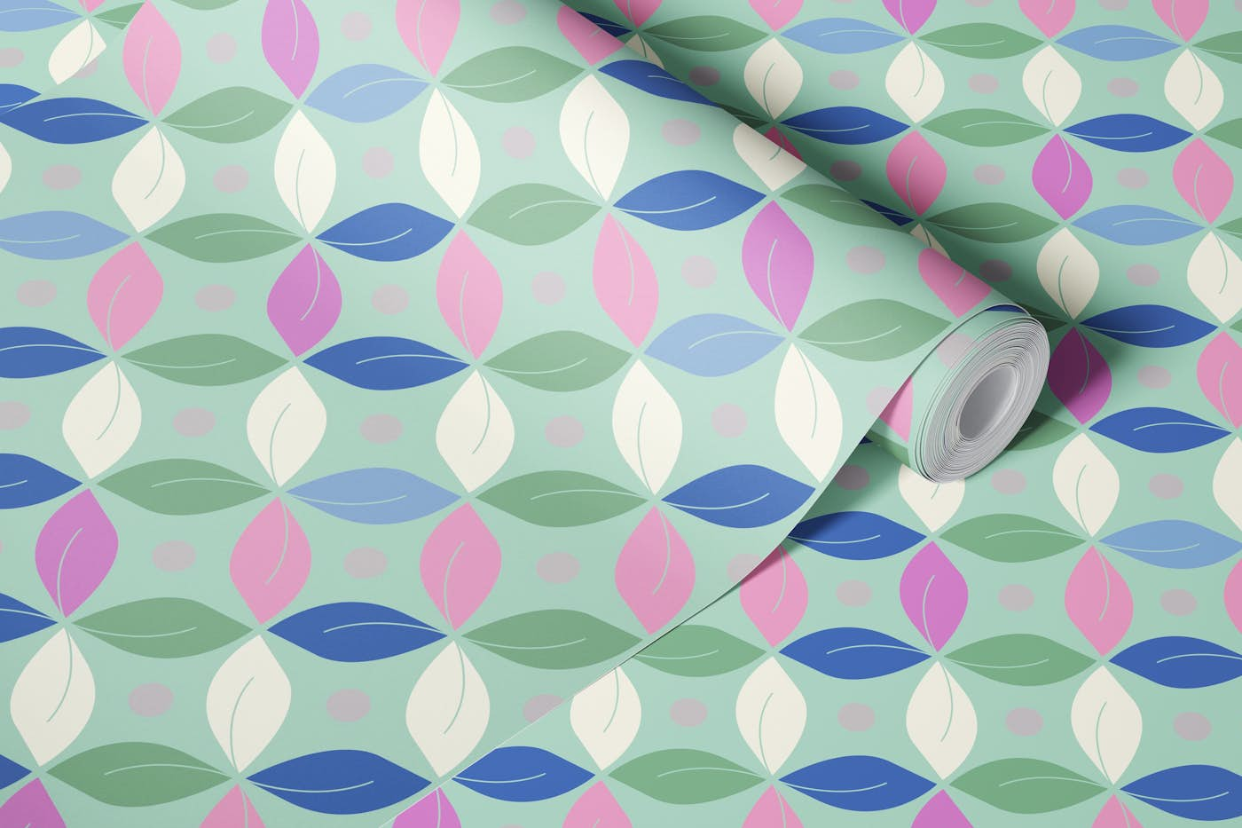 Happy retro circles spring pastel mint, blue, pink wallpaper roll