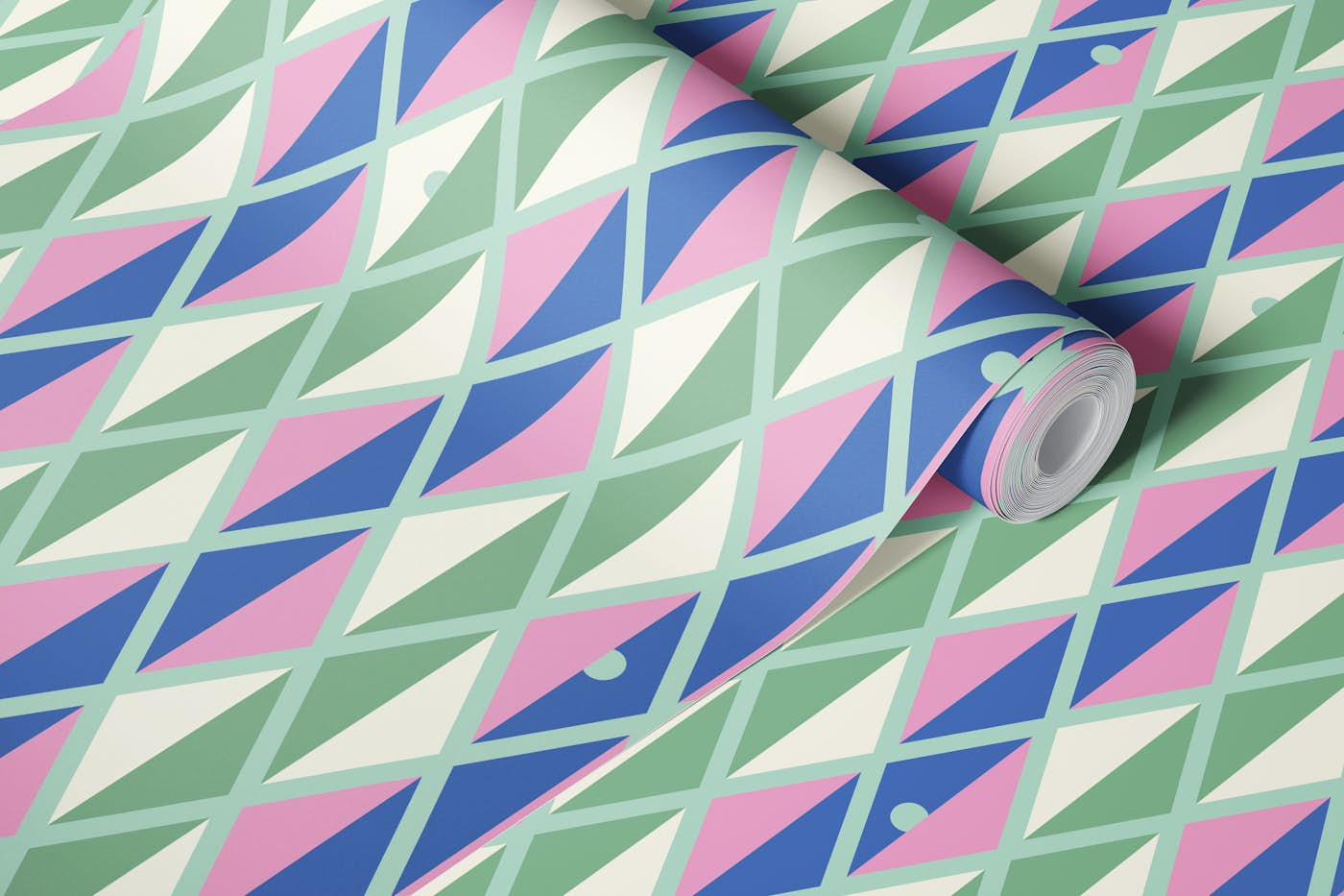 Happy retro Harlequin pastel mint, blue, pink wallpaper roll