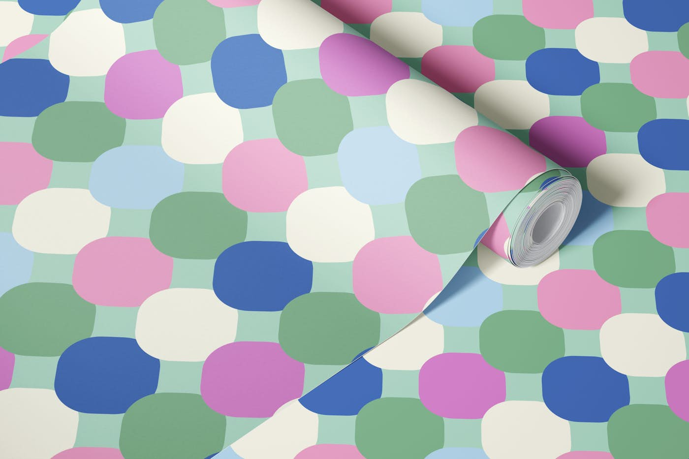 Happy retro Tiles spring pastel mint, blue, pink wallpaper roll