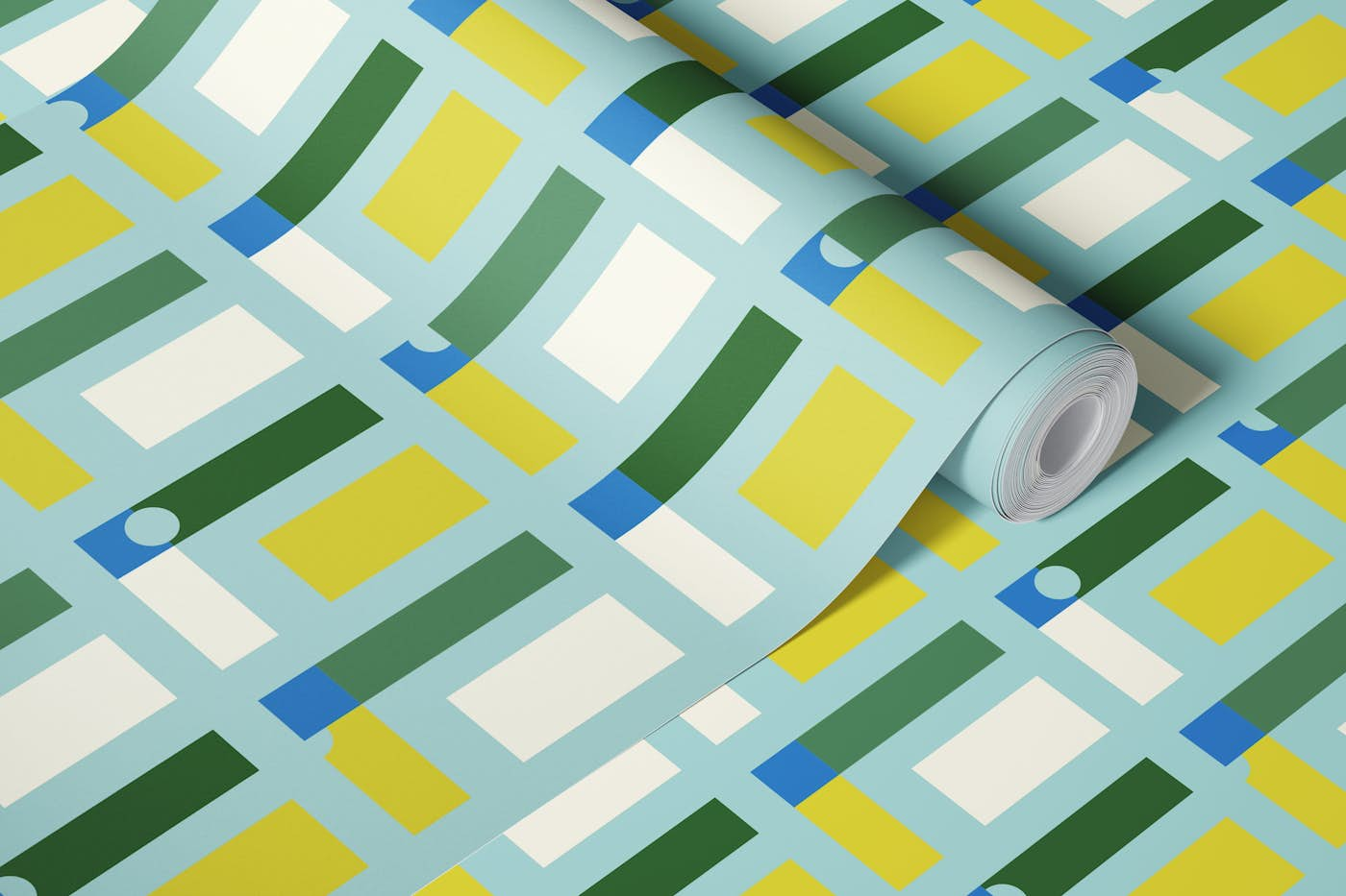 Happy retro checks fresh mint, green, blue wallpaper roll