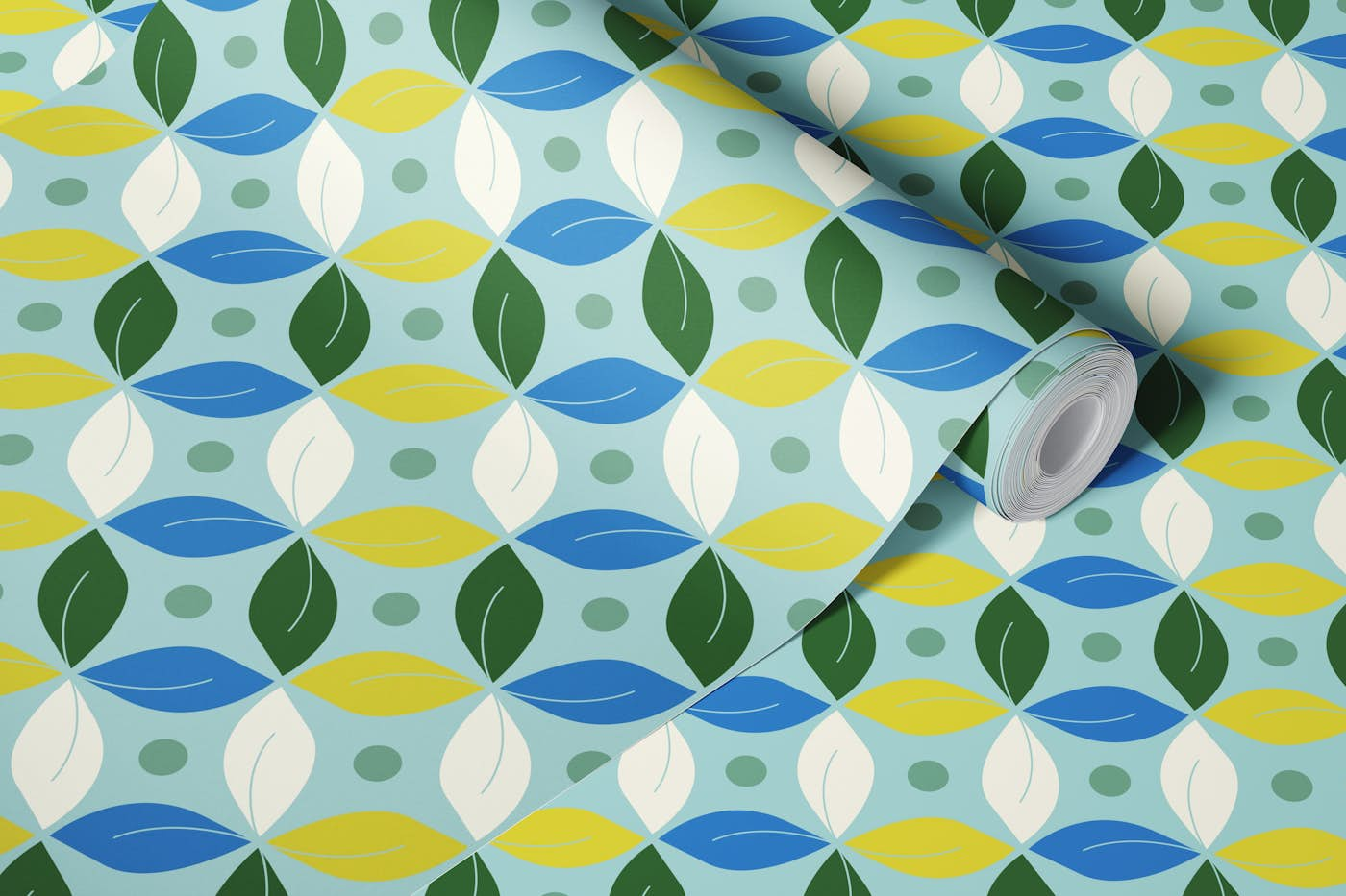 Happy retro circles spring fresh mint, green, blue wallpaper roll