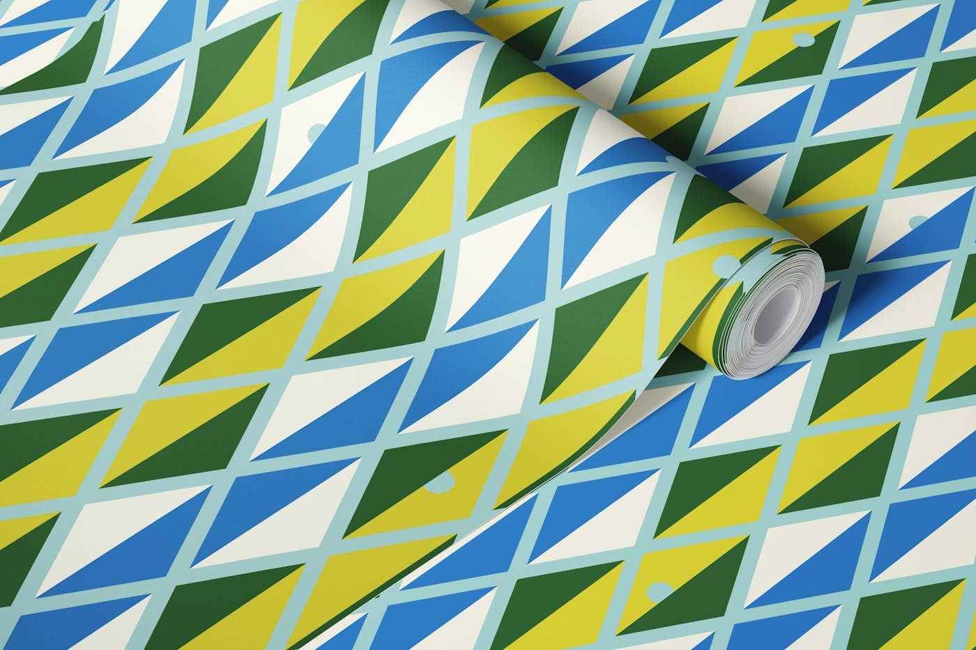 Happy retro Harlequin fresh mint, green, blue wallpaper roll