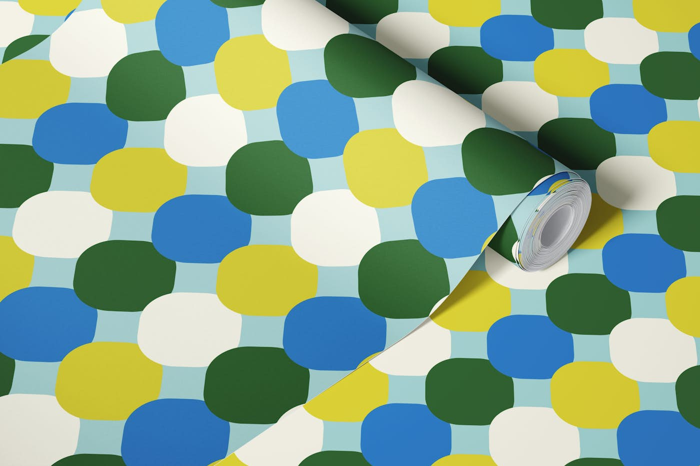 Happy retro Tiles spring fresh mint, green, blue wallpaper roll