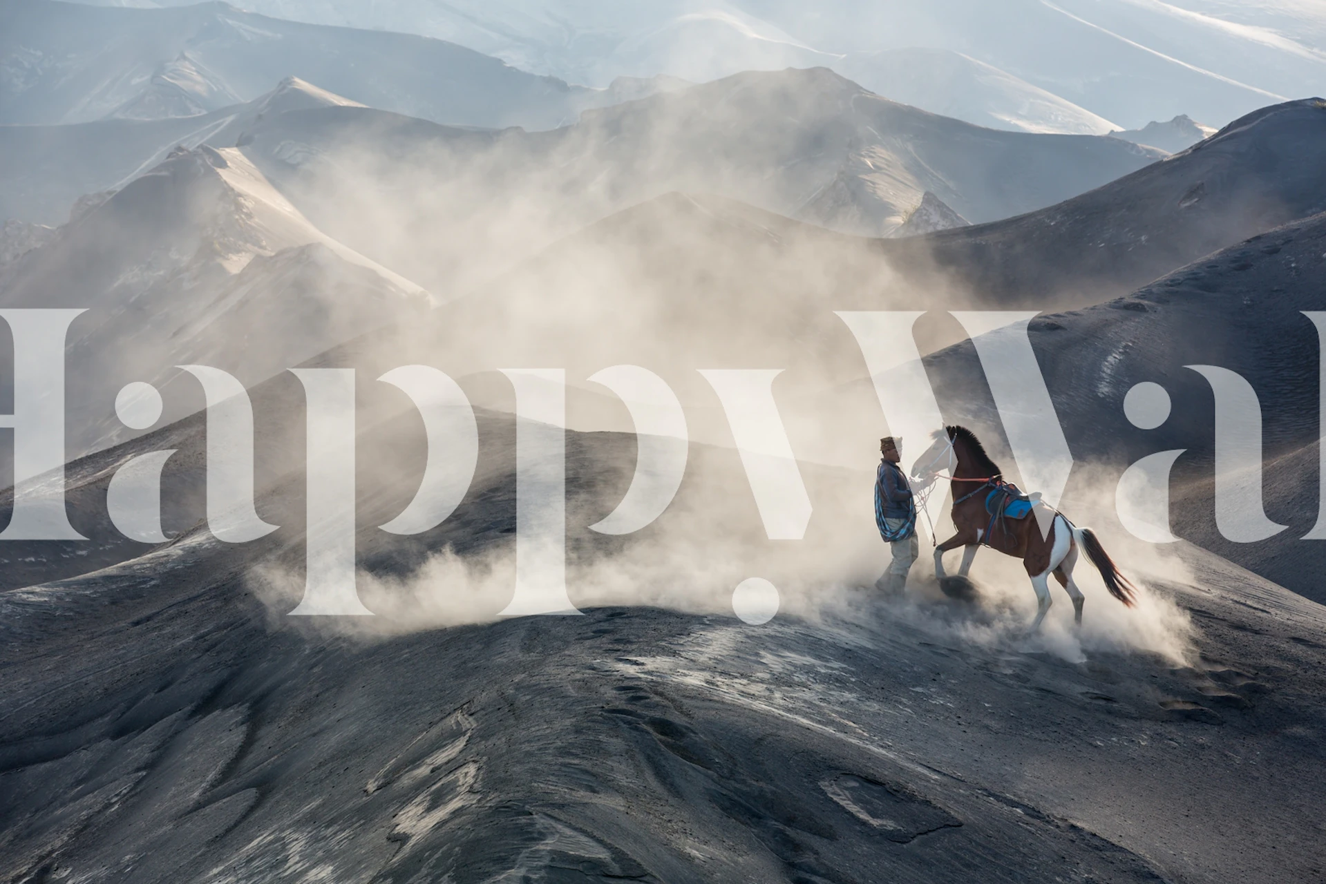 Equestrian figure and horse on mountain landscape wallpaper