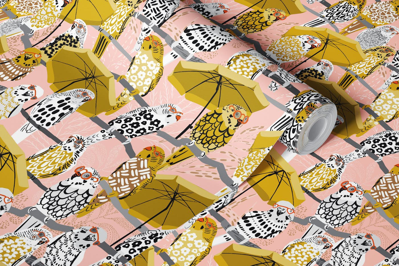 budgie on vacation blush pink wallpaper roll