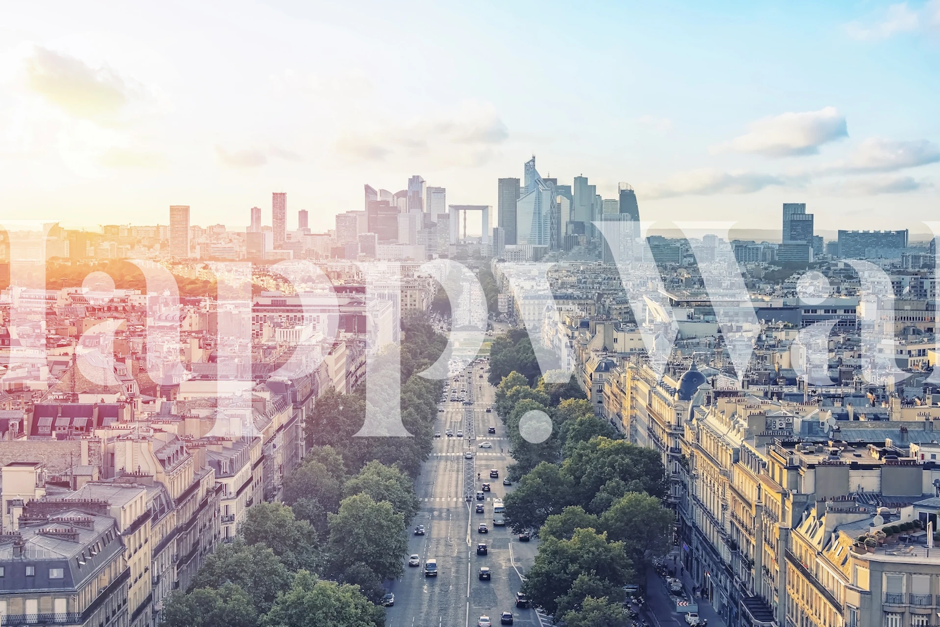Panoramic view of Paris cityscape with buildings, trees, and blue sky wallpaper