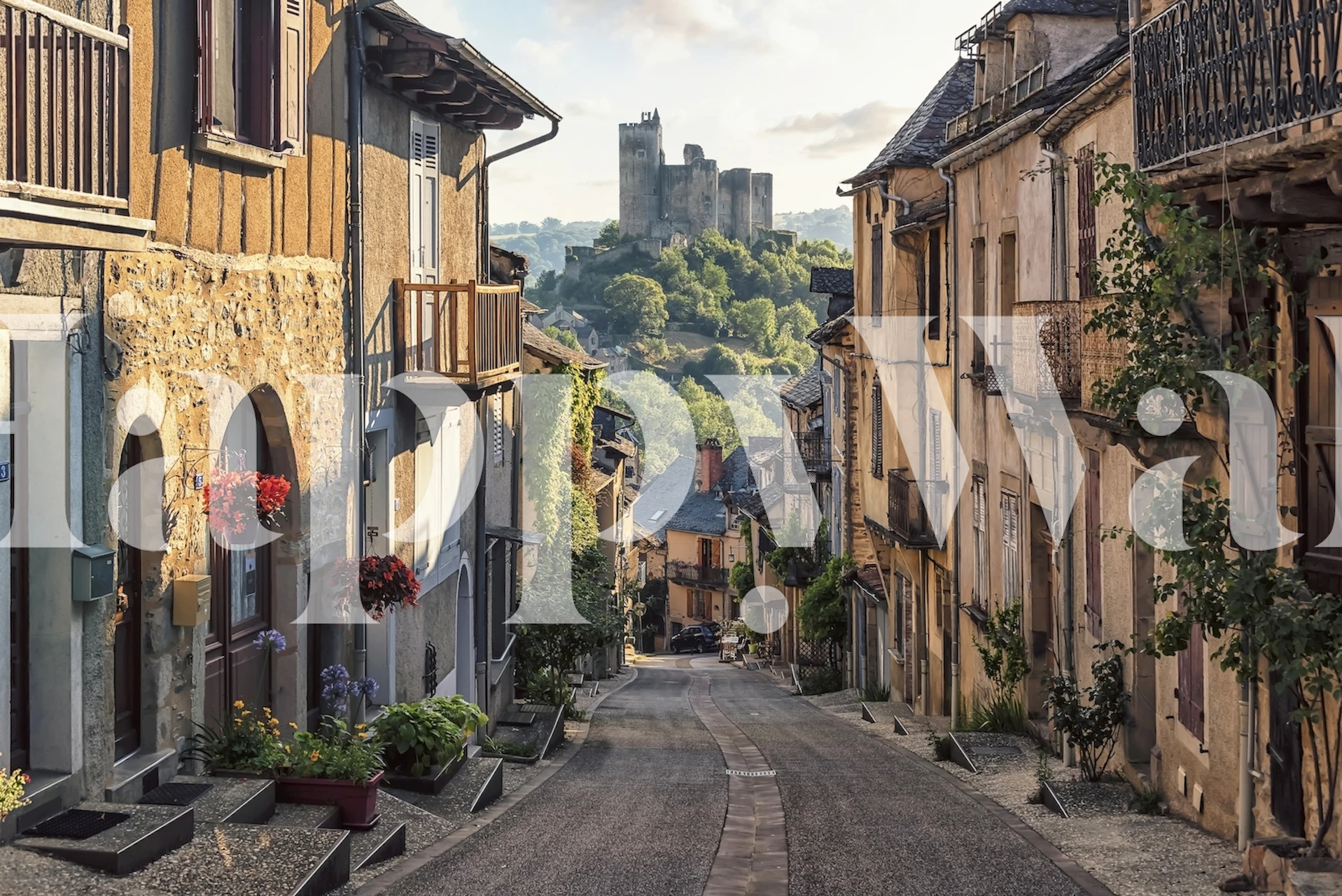 Scenic village street with old buildings and castle wallpaper