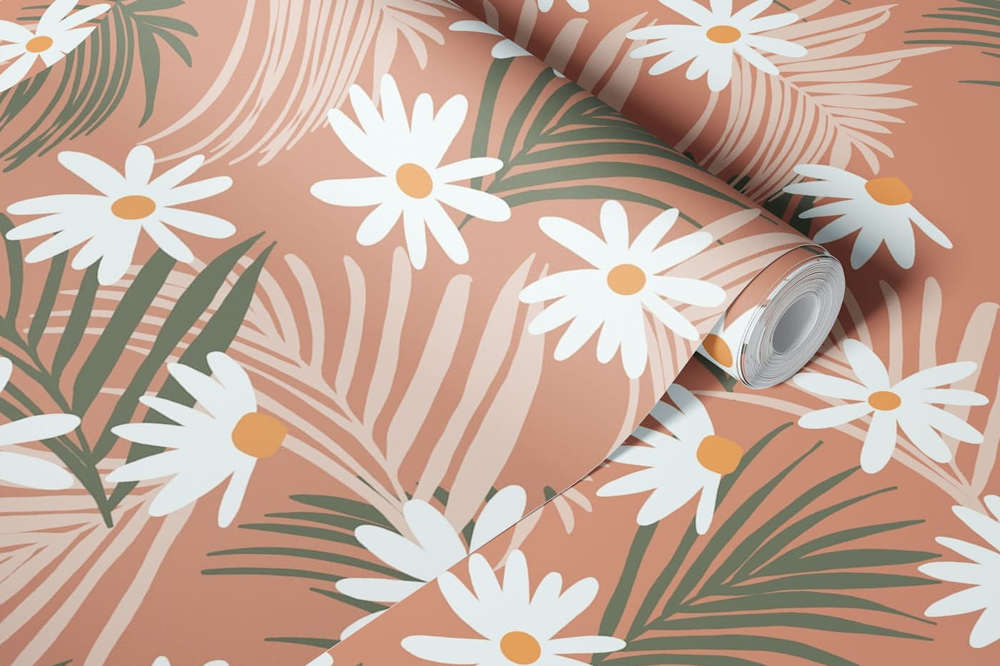 Retro Summer Daisies and Palms Pattern 1 wallpaper roll