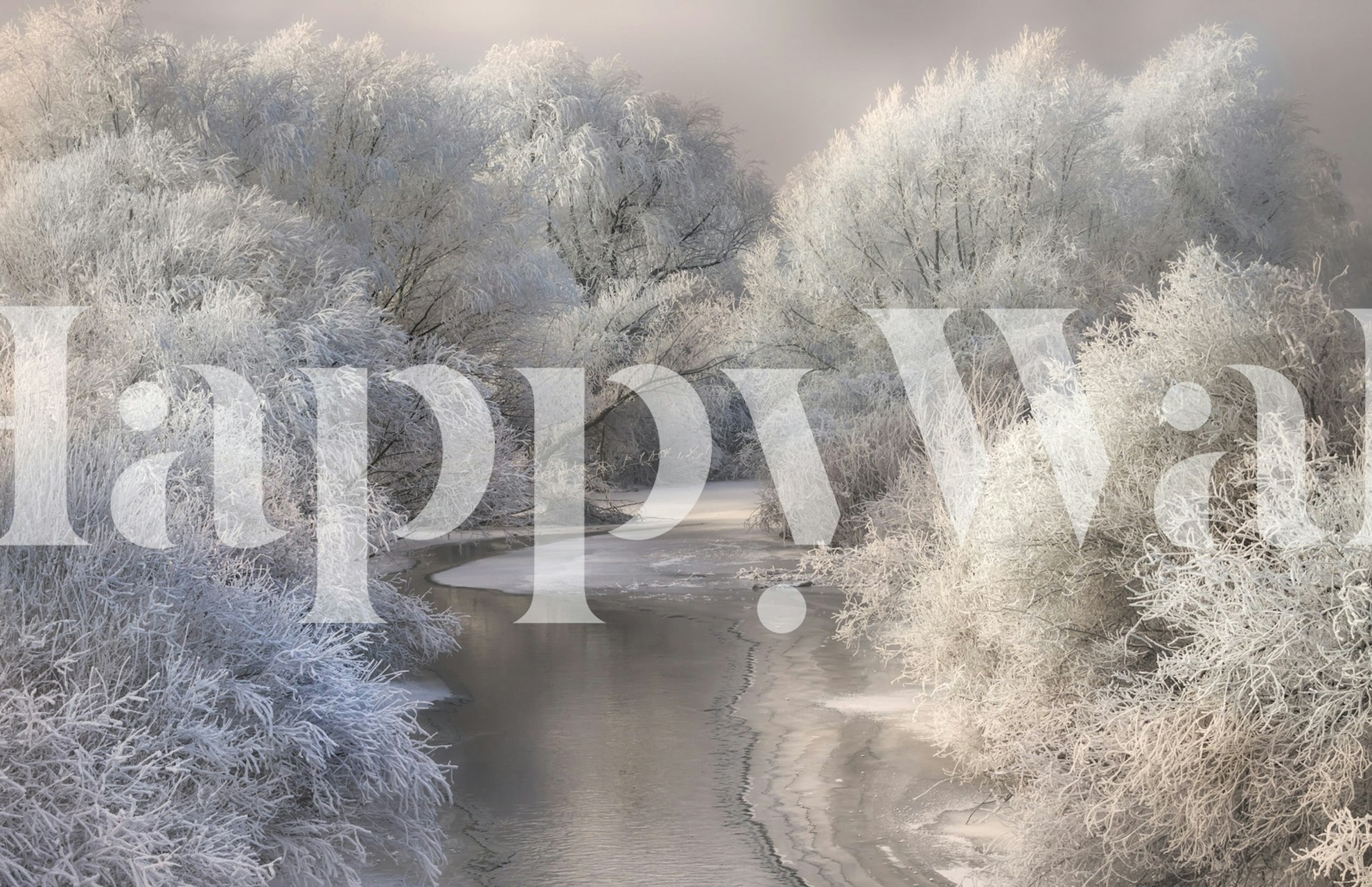 River surrounded by frosty trees in whites and blues wallpaper