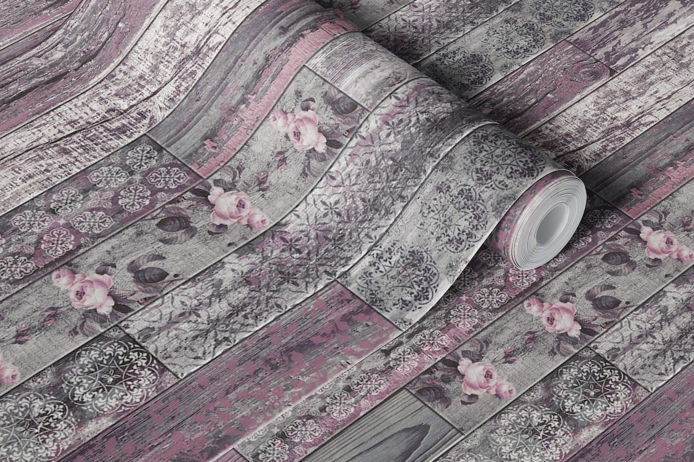 Vintage Wood Tiles Pattern Grey Mauve Pink wallpaper roll