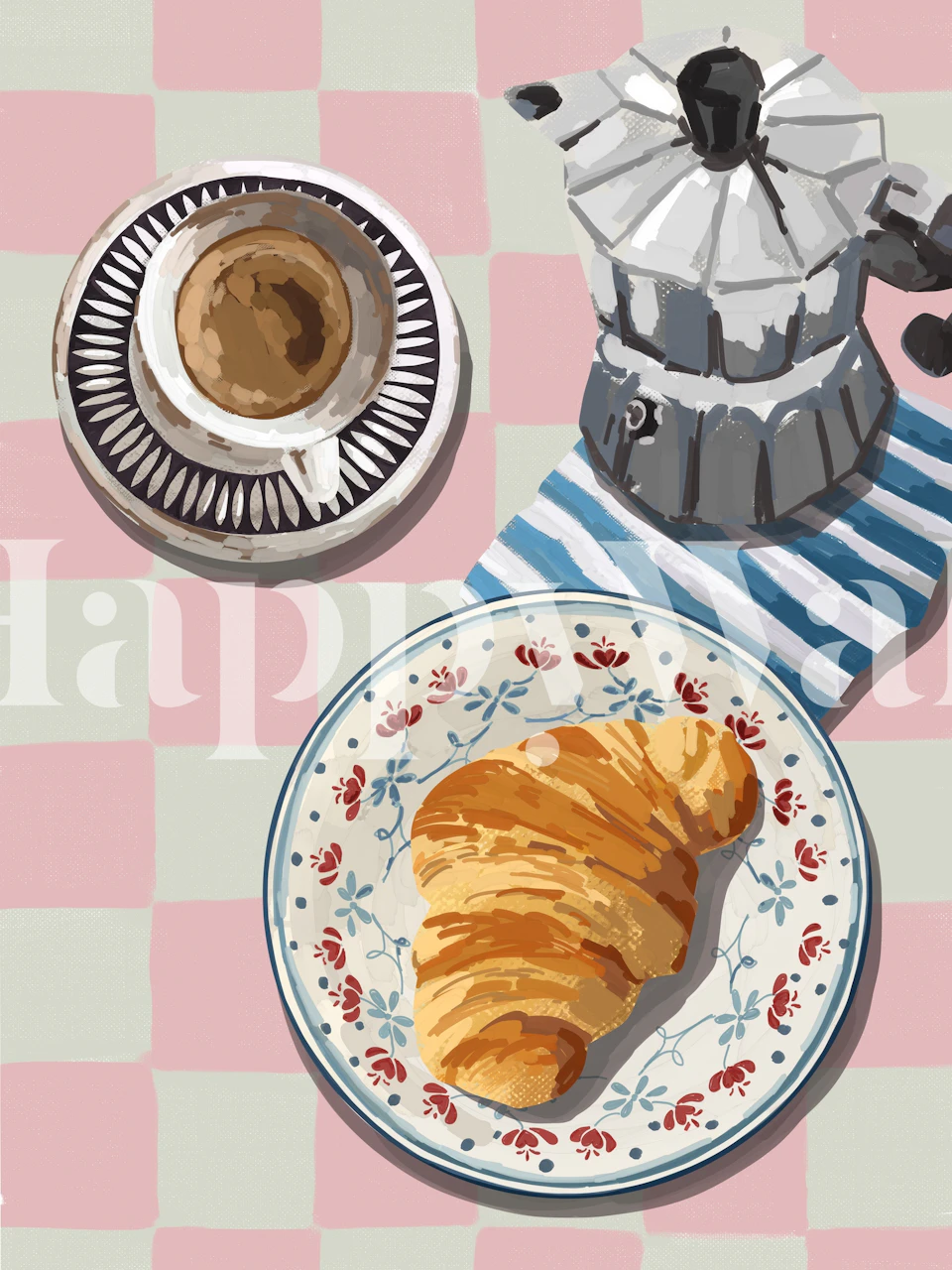 Croissant, coffee, and cezve on pink checkered background wallpaper