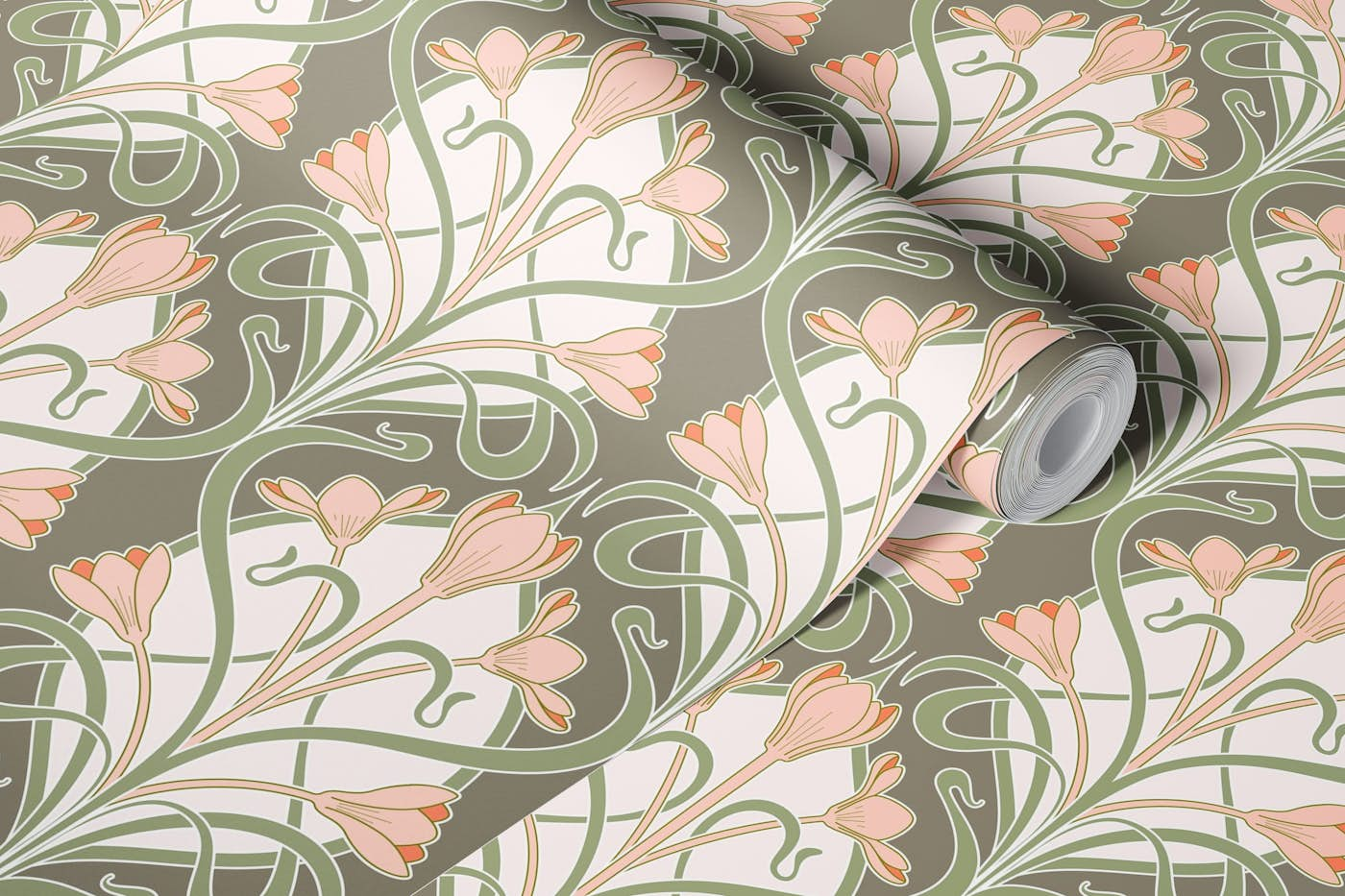 Crocus Art Nouveau_Olive-Sage-Salmon wallpaper roll