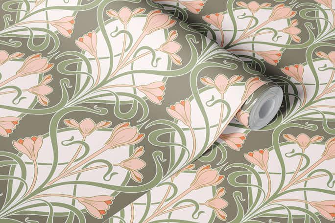 Crocus Art Nouveau_Olive-Sage-Salmonwallpaper roll