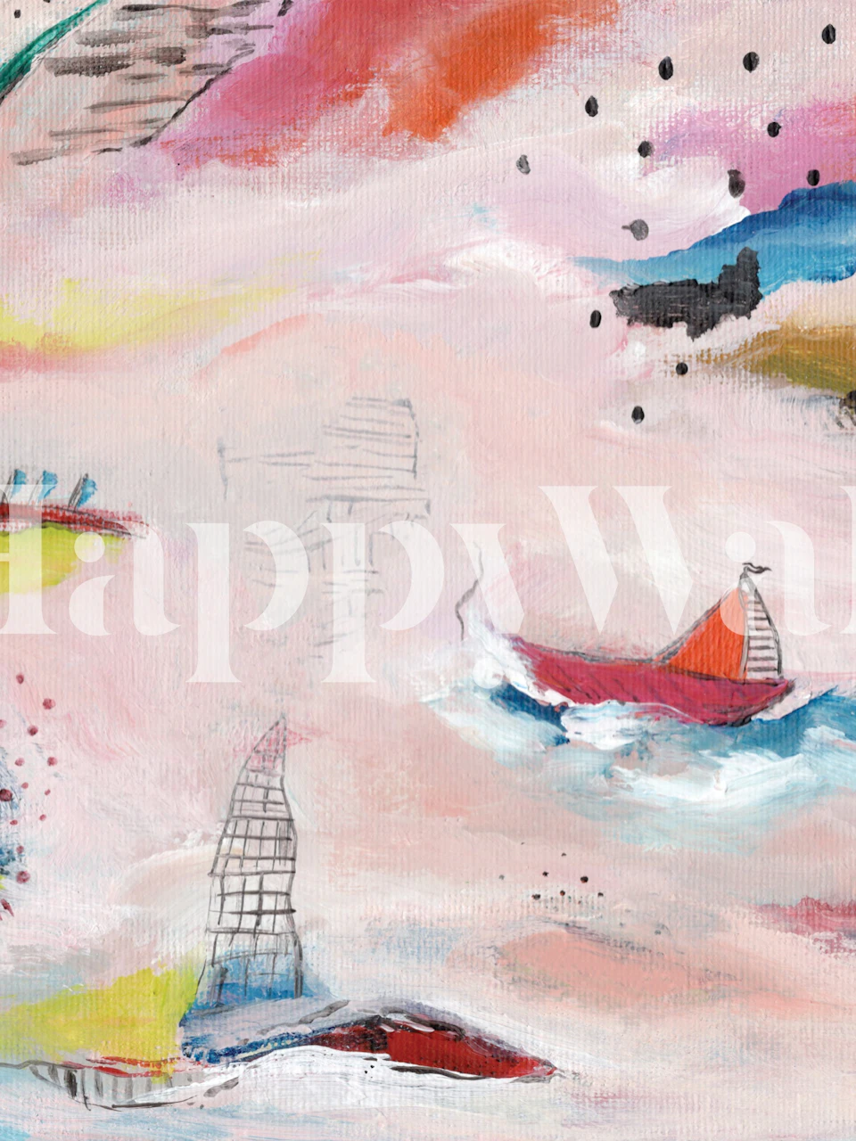 Abstract sailboat wall mural in pastel colors