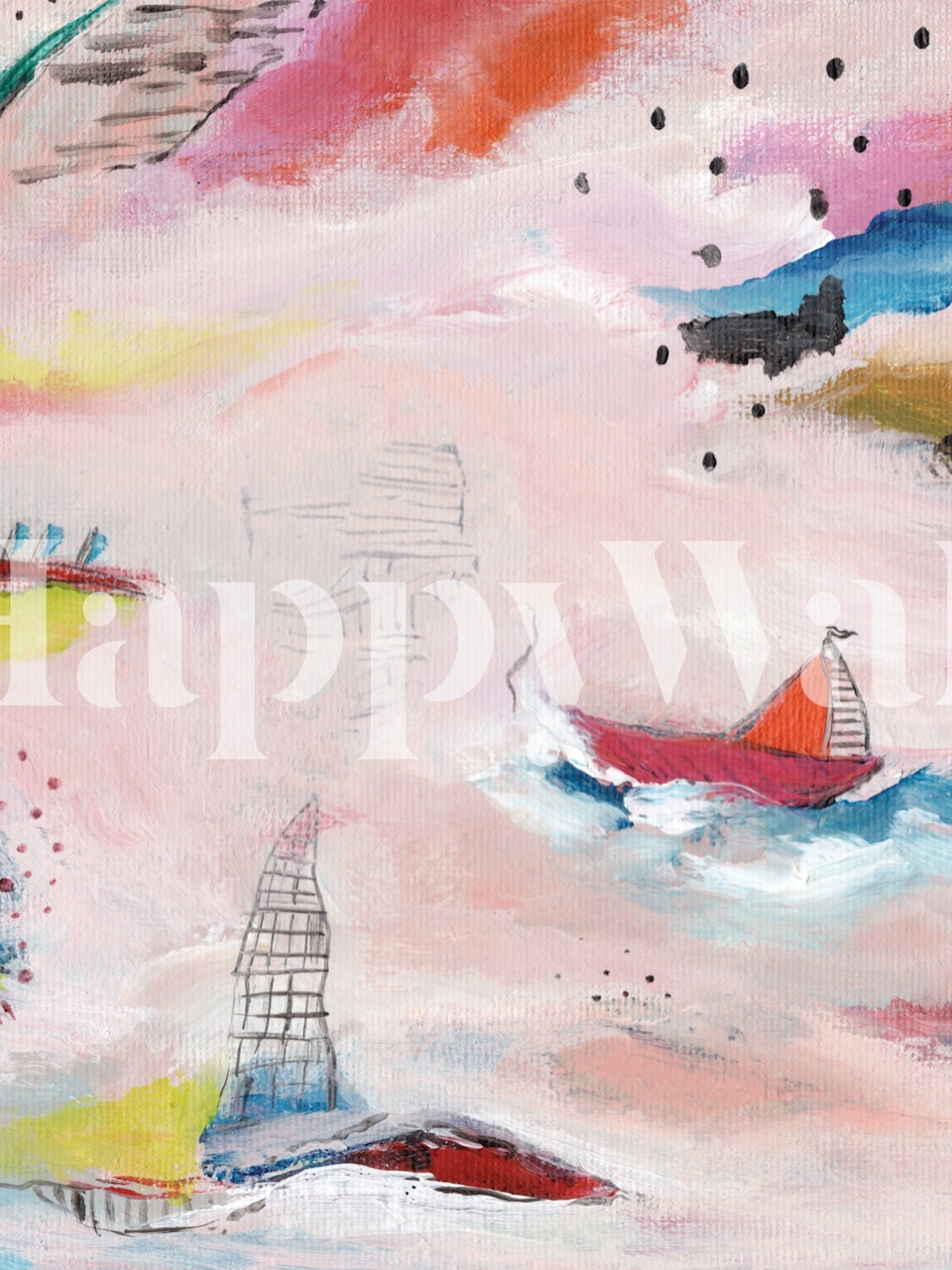 Abstract sailboat wall mural in pastel colors