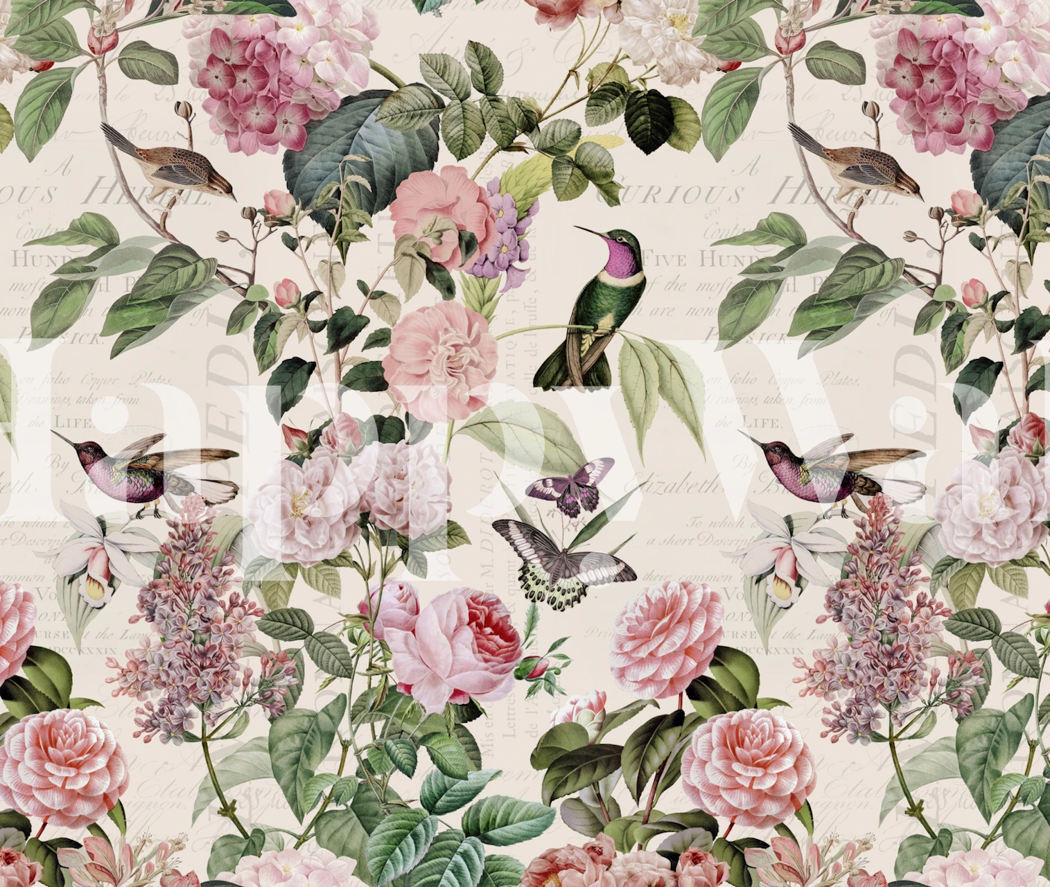 Hummingbirds And Roses behang in een kamer