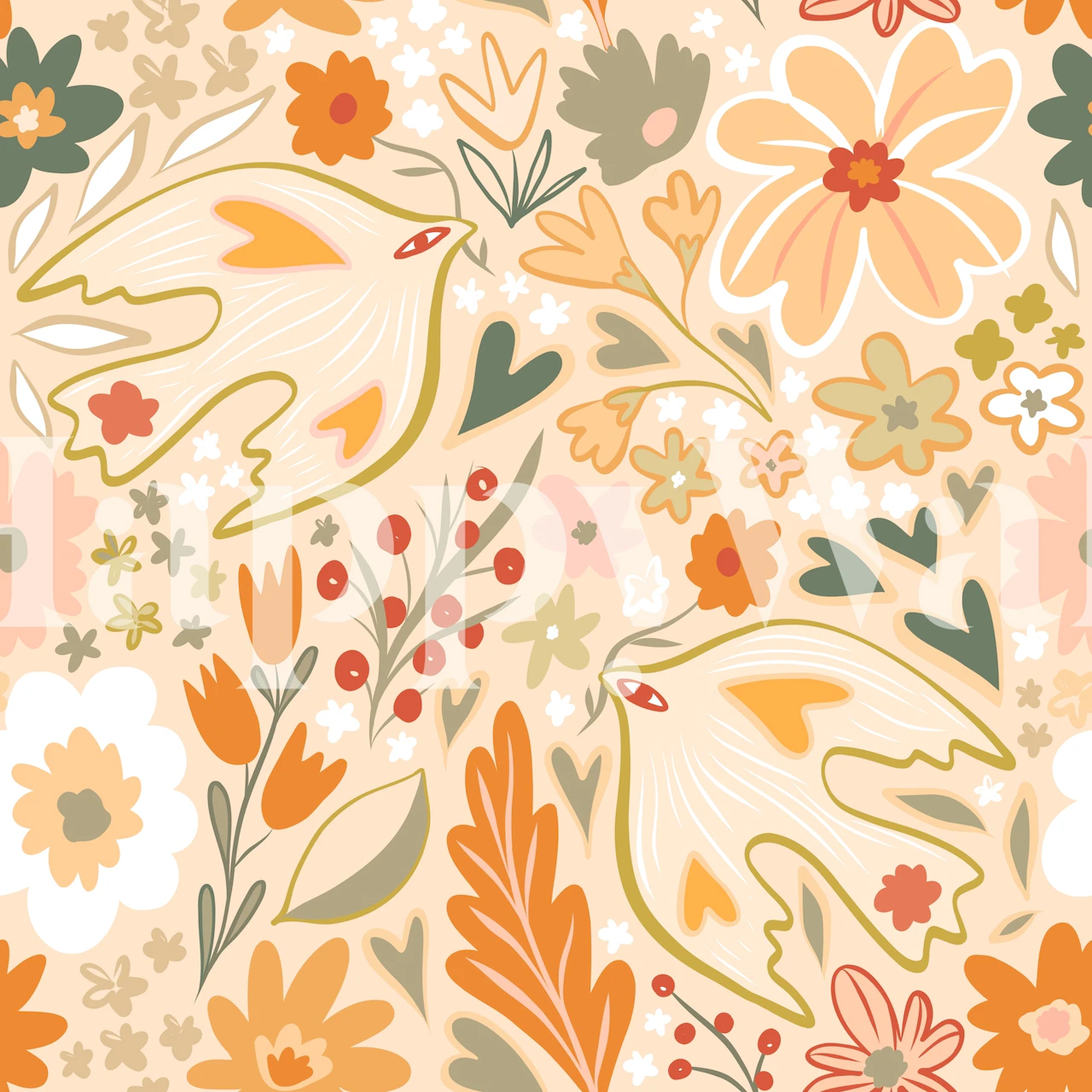 Retro Boho Love Bird Garden wallpaper in a room