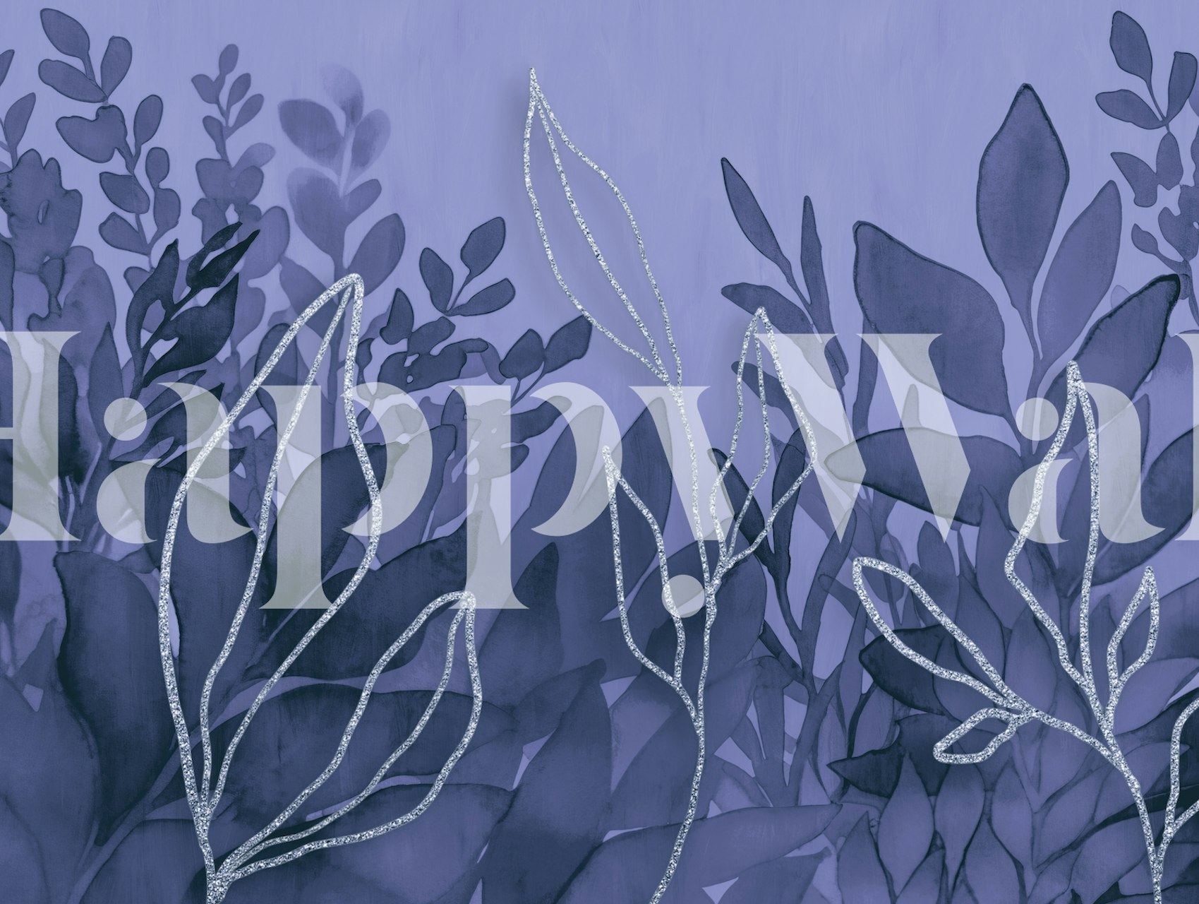 Indigo blue foliage with white line art wallpaper