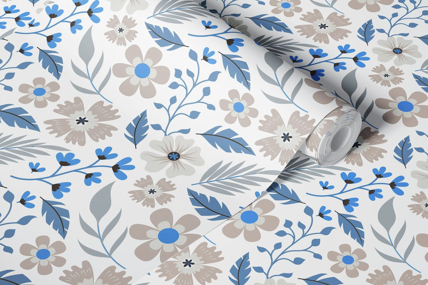 Mid Century Flower And Leaf Pattern Blue Beige wallpaper roll