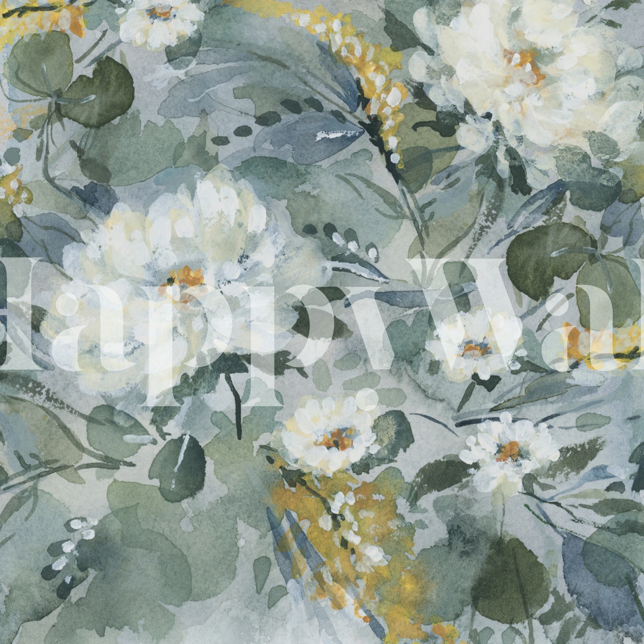 Watercolor floral pattern in green and white tones wallpaper